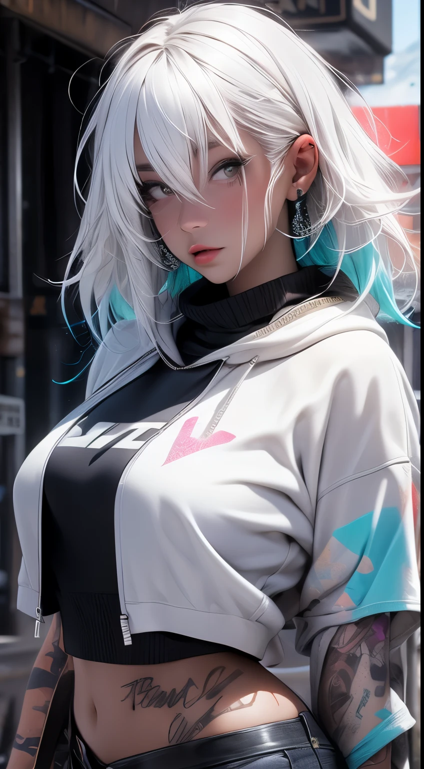 Young girl top quality top image quality masterpiece light blue shiny hair high ponytail cyberpunk red wolf grey eyes white top shorts
