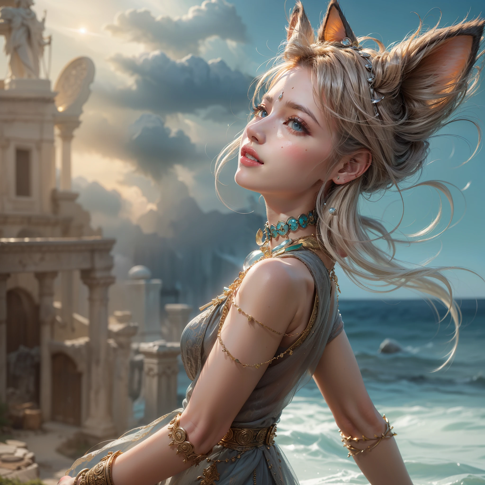 ((cat ears on head:1.5)), (Numerous award-winning masterpiece, incredibly detailed, textured and maximally detailed), (full body standing image:1.9), (surrealistic istic:1.4), (amazing anatomically perfect and beautiful style:1.9), top qualityreal texture skin, (accurate, perfect circles, symmetrical eyes), detailed face, ((medieval world)), ((sylphid, wind spirit in the sky)), (elegant dress dancing in the wind is elaborately finished in every detail.(A smile of liberated joy on her mouth:1.8), (Clear eyes full of joy:1.5), (Full body standing image:1.9), (Use the magic of graceful wind:1.7), (Pure and elegant image:1.6), (Swirling wind and cloud sea in the background:1.5), (Dramatic light), (Magnificent (Her expression is soft and beautiful.), (magnificent scene), (dramatic light), (wonderful light), (her countenance is soft and beautiful)(Her expression is soft and beautiful.), (Her expression is soft and beautiful.), (Her expression is soft and beautiful.), (Her expression is soft and beautiful.)(dramatic photo:1.4), (dramatic pose), ((elegant flying pose)), (blue hair), (platinum blonde hair), (silver hair), (chestnut hair), short cut hair, ((looking up)), (((looking down))), (around her neck, a simple, ancient and elaborately workednecklace. :1.3))), (aura surrounding shining body:1.6))), (swirling wind:1.4))), old ruins with vegetation, great temple, cathedral, temple ruins, temple away from temple, (shining magic circle)), ancient castle ruins, desolate ruins, crumbling ruins, ancient ruins with clear water, holy light, (shining magic circle))Great Realistic (HDR:1.5), (Calm Color:1.2), Highly Detailed, Cinematic, Warm Light, Dramatic Light, (Complex Detail:1.1), Complex Background, Highly Detailed, Surrealistic, Complex Detail, Painting (Artwork), ((Masterpiece,Top Quality)), ((Cinematic Light))Dark Fantasy, Faded, ((Neutral Color)), Art, (Art Station:1.5), Light Effects, (Complex Detail:1.1), Complex Background, (Greg Rutkowski:0.8), (Teal and Orange:0.4))