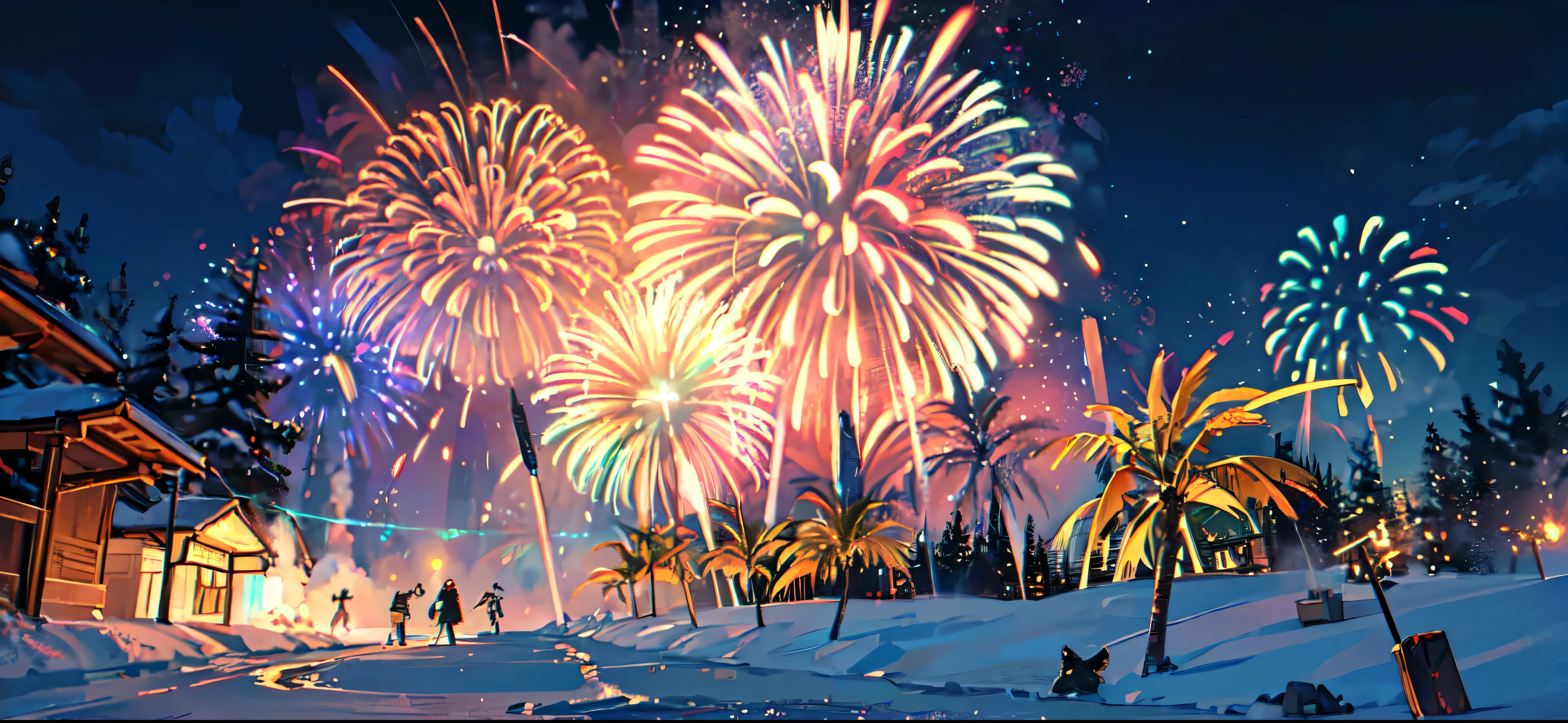 Seaside town, beach, night, fireworks