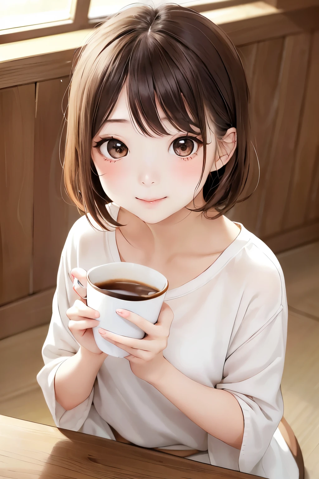 young girl holding a coffee cup in her hand, cute女の子, cute-well-groomed face, cute、well-groomed face, Sakimi-chan, Chiho, Yoshitomo Nara, young and cute face, beautiful japanese girl face, brown hair and big eyes, cutecute女の子, beauty