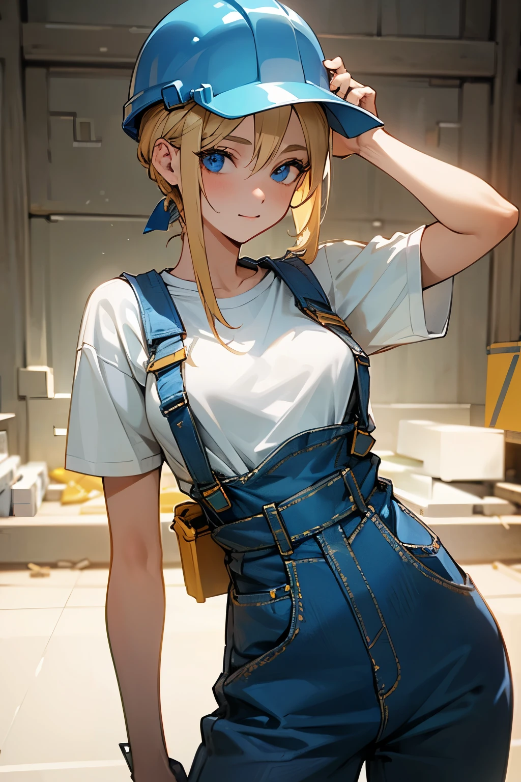 a beautiful young 20-year-old blond woman with pinned-up blond hair, He wears a white T-shirt and blue dungarees, Wearing a construction helmet and a tool belt, Hintergrund eine Baustelle