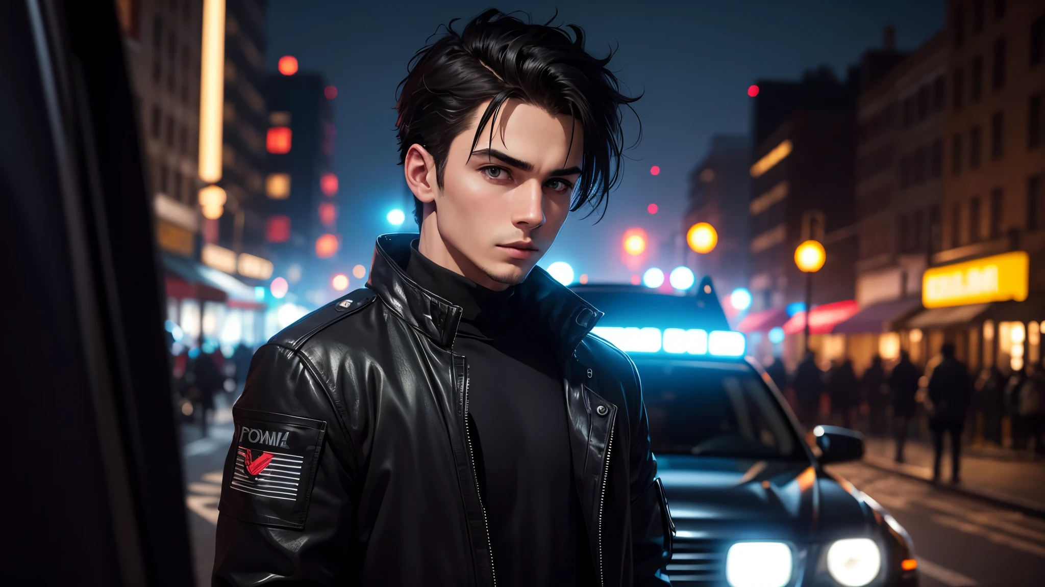 Make a guy in a black jacket with his back to the screen and a car in front of him with the lights on during the day
