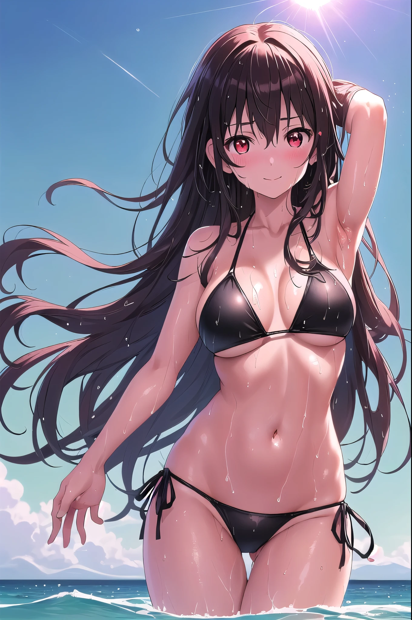 1 girl, utaha kasumigaoka, black hair, white hair band, long hair, (red eyes:1.5), (blush:1.2), smile, break (string bikini:1.2), (black bikini:1.3), patternless bikini, huge breasts, naked, exposed skin, (wet skin:1.5), (arm behind head, armpit), Are standing, break (Ocean:1.5), beach, (sun:1.3), break looking at viewer, (From before:1.5), break (masterpiece:1.2), highest quality, High resolution, unity 8k wallpaper, (figure:0.8), (detailed and beautiful eyes:1.6), highly detailed face, perfect lighting, Very detailed CG, (perfect hands, perfect anatomy),