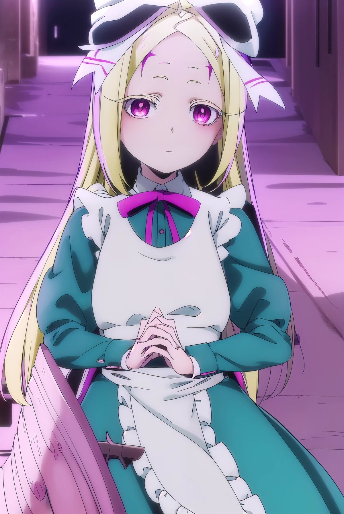 Mori no Kosu, black alice, long hair, blonde hair, (red eyes:1.3), bow, hair bow, (pink eyes:1.3), facial markings, forehead mark,
rest long sleeves, skirt, ribbon, apron, white apron, puffy sleeves,
rest outdoors, City,
rest looking at viewer, (Cowboy shooting:1.5),
rest (masterpiece:1.2), best quality, high resolution, unified 8k wallpaper, (illustration:0.8), (Beautiful and delicate eyes:1.6), extremely detailed face, perfect lighting, Extremely detailed CG, (perfect hands, perfect anatomy),