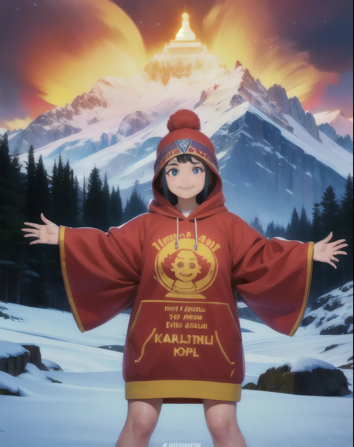 years old girl is standing with folded two hand at the Kedarnath temple. The lord shiva big idol in low opacity on sky. A girl wearing hoodie and name “RIYA” write on dress. She is looking pretty, indian, cute, smiling, beautiful erring and Lord shiva tilak decain on your head. Very realistic pictures,real kedarnath template, snow fall moment, mountains, many peoples, very clear pictures, full look pictures.”