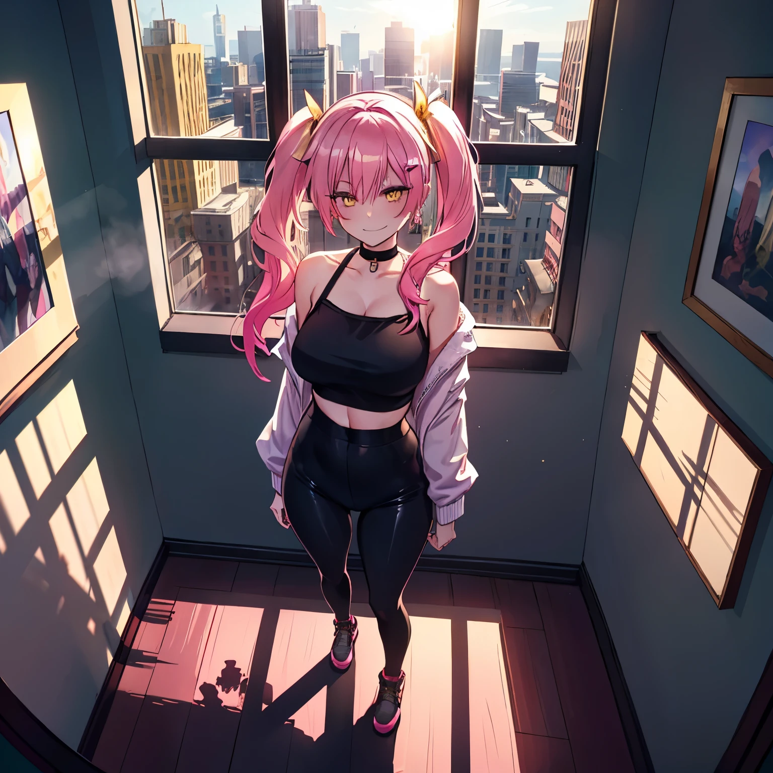 1 girl, yellow eyes, twintails hair, long hair, pink hair, medium breasts, medium ass, smile, Happy, Hairpins, Choker, smile, happy face, Standing, full body, Black top, black leggings, gold heart earrings in the bedroom, window, city, during the day, sun reflecting in the window, bed, anime paintings on the wall, ultra detailed, 8K wallpaper, reflection light, ray tracing, realistic