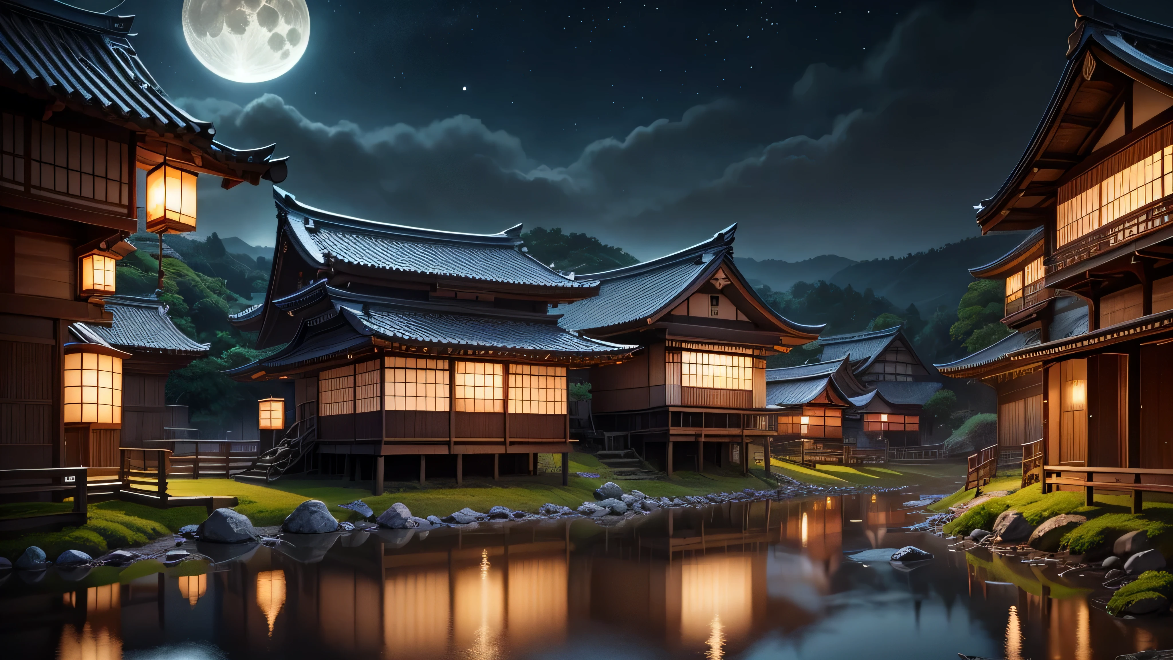Ancient Japanese village, lit houses, night, large full moon