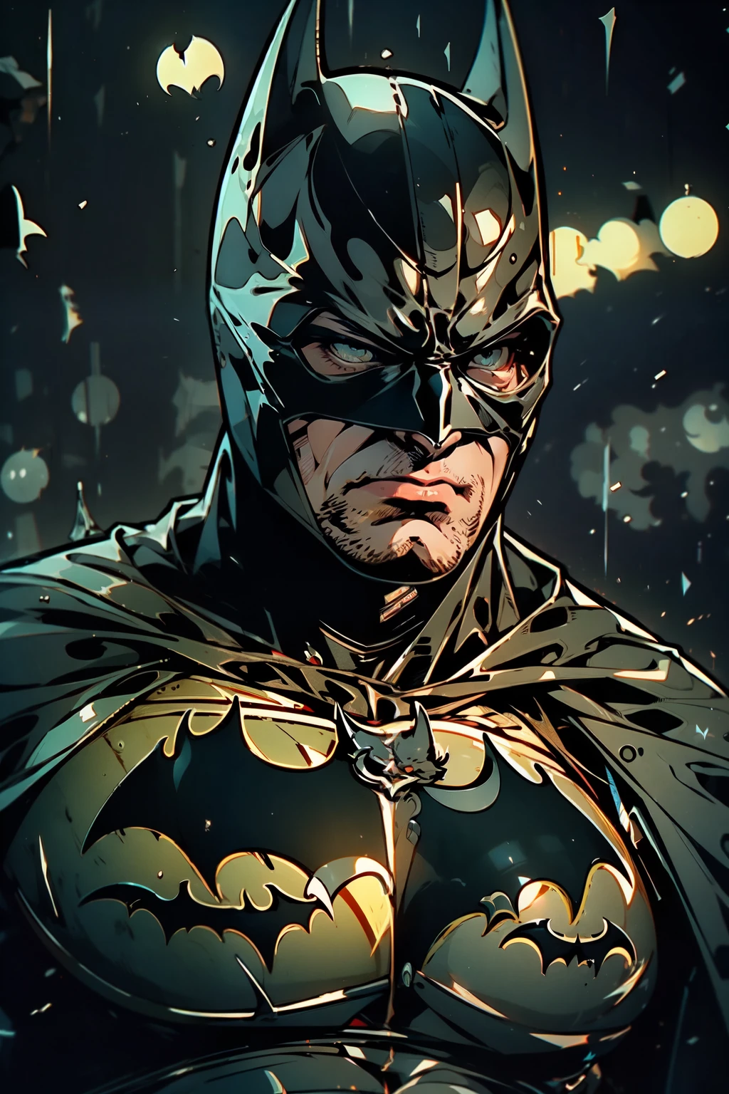 exhausted batman, sweaty, intense stare, cinematic lighting, action pose, CRU photo, 8k uhd, film grain