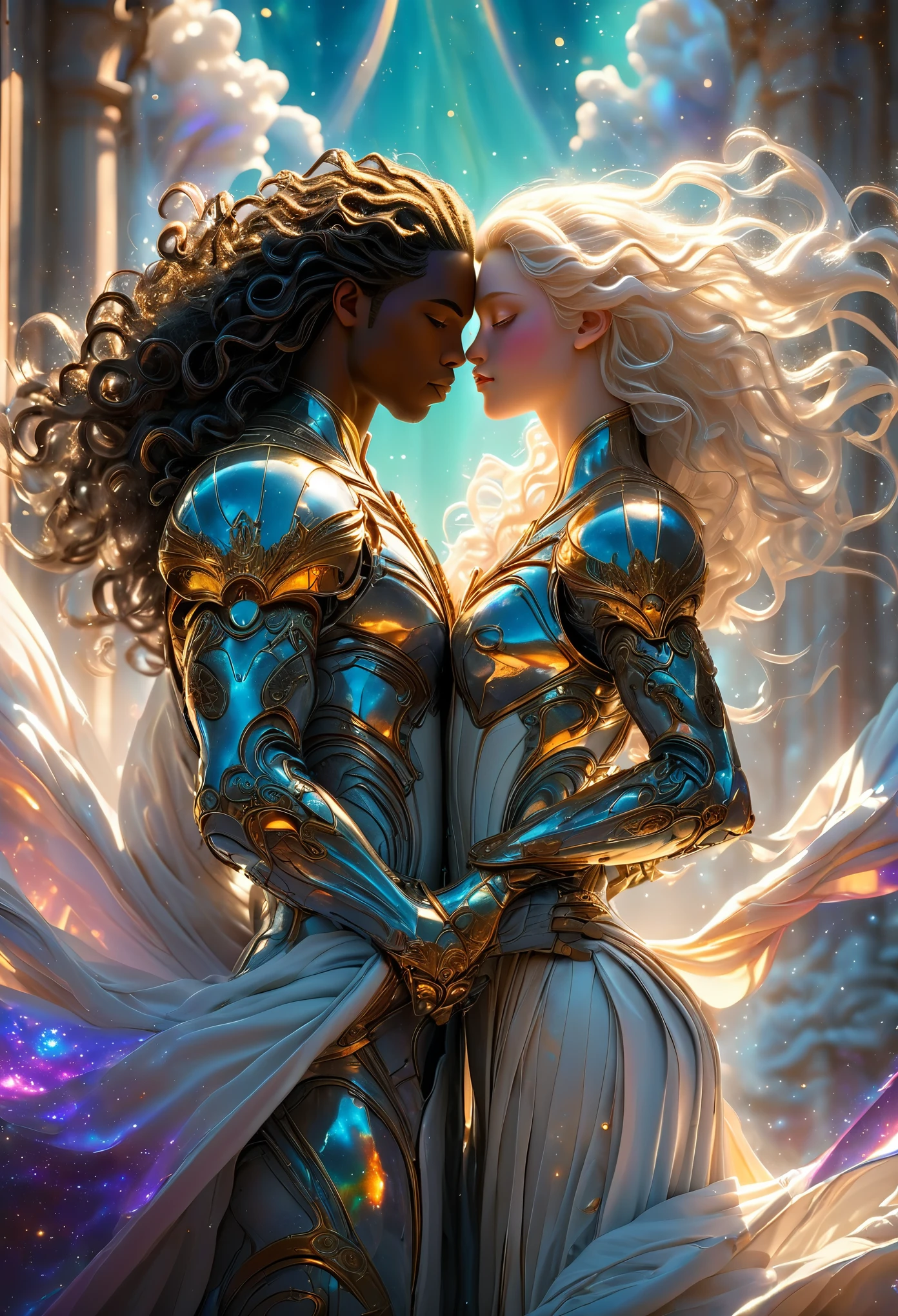 Two passionate duos in a celestial landscape, two young dark-skinned couples in their 20s, the first couple is a divine prince with long curly brown hair and an albino imperial princess with long hair, the celestial guardian with dark hair and violet eyes and an imperial judge with short dark hair and green eyes, Full body, 8K, extremely detailed, high quality, (photorealistic:1.37), Full body, ideal proportions and defined complexion, meticulously crafted features, unreachable beauty, perfection, breathtaking elegance, g curves, goddess-like figures, divine symmetry, artistic masterpieces, vivid realism, hyper-detailed sculptures, life-like forms, truly awe-inspiring, impeccable craftsmanship, pure radiance, ethereal beauty, delicate contours, striking poses, sublime beauty, subtle nuances, dynamic compositions, vibrant colors, perfect lighting, soulful expressions, celestial aura, majestic presence, dreamlike atmosphere, unmatched gdetailed octane render trending on artstation, 8 k artistic photography, photorealistic concept art, soft natural volumetric cinematic perfect light, chiaroscuro, award - winning photograph, masterpiece, perfect composition, beautiful detailed intricate insanely
