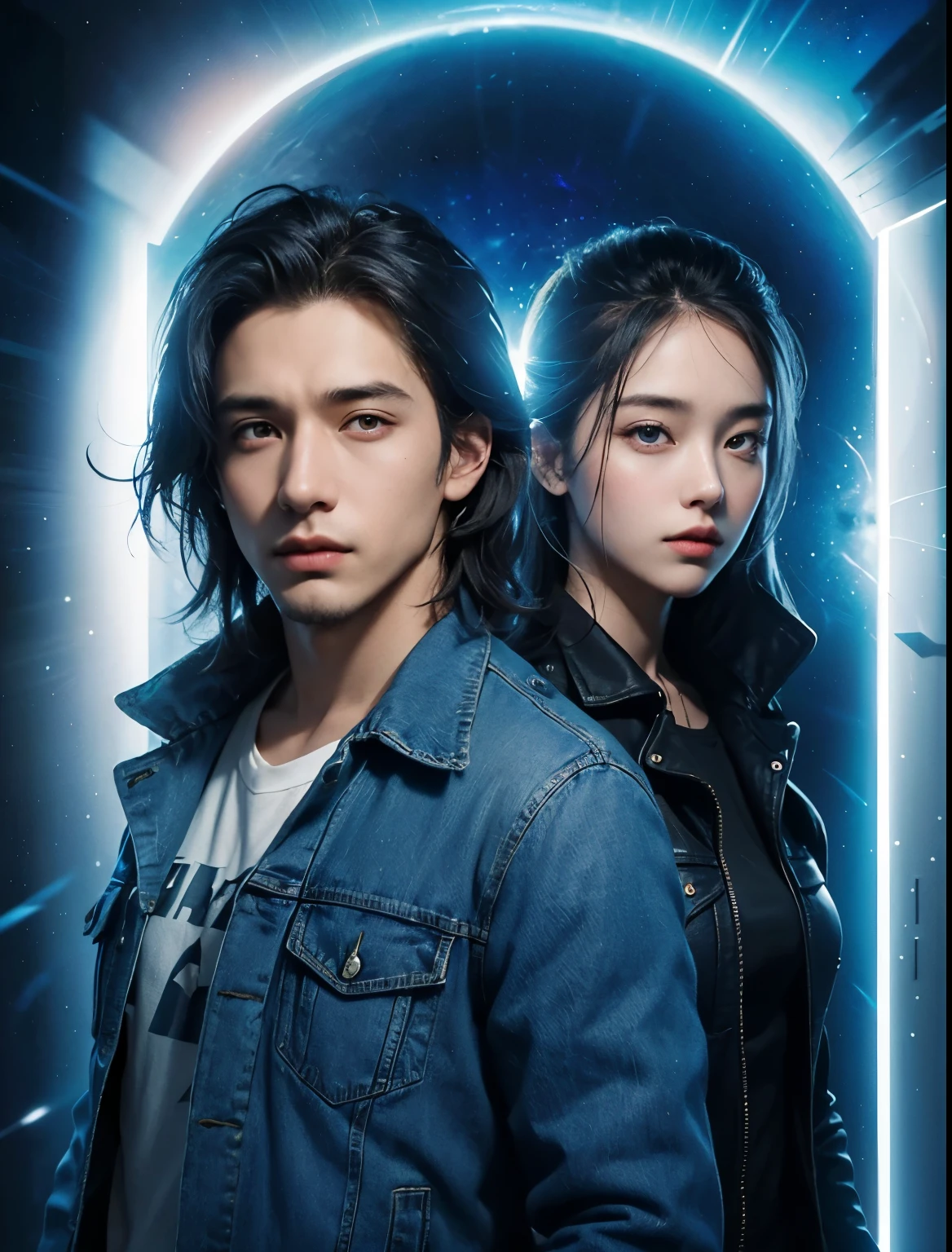 A handsome man and a beautiful woman.Men and women in their 20s.They're both wearing blue jeans and jackets.The two are looking at the camera with serious expressions. A gate of bluish-white light that connects to four-dimensional space-time appears in the space behind the two. A masterpiece.