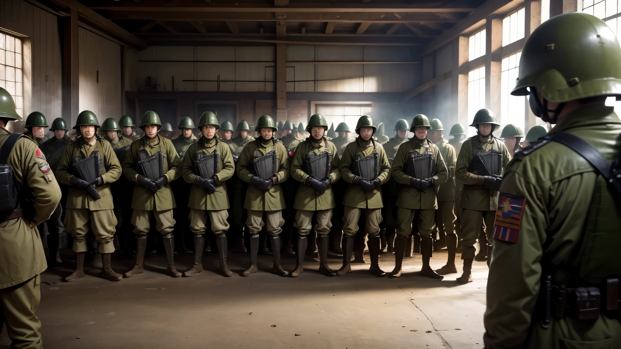 best quality, ultra high resolution,masterpiece, (reality,detail)World War II,In the barracks,thousands of soldiers,Ready