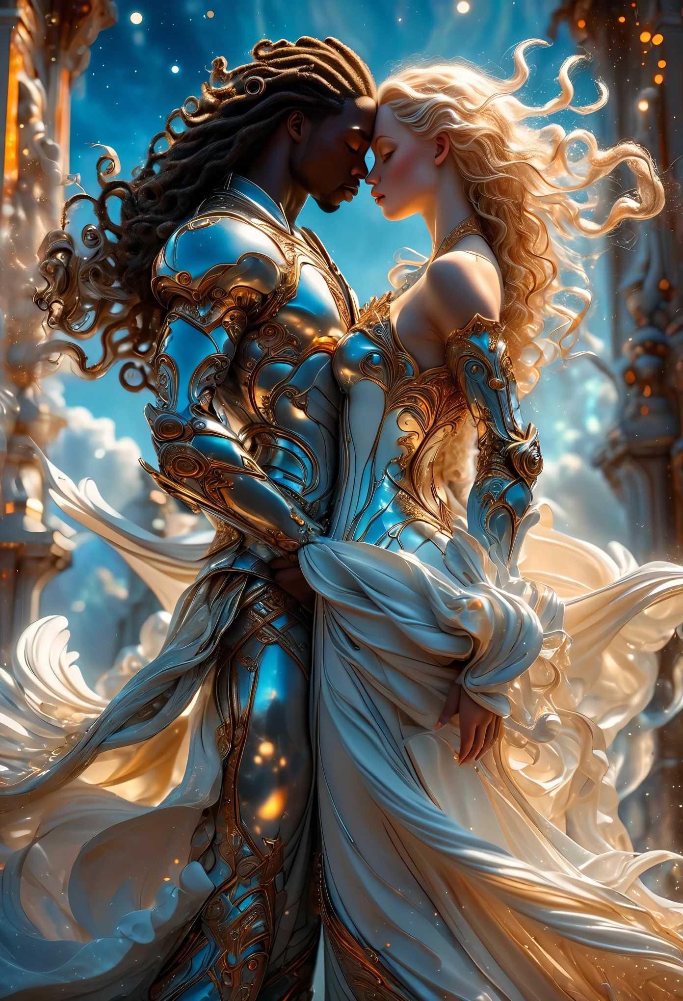 Loving dark skin couple in a celestial landscape, a divine prince with long curly brown hair and an albino imperial princess with long hair, Full body, 8K, extremely detailed, high quality, (photorealistic:1.37), Full body, ideal proportions and defined complexion, meticulously crafted features, unreachable beauty, perfection, breathtaking elegance, g curves, goddess-like figures, divine symmetry, artistic masterpieces, vivid realism, hyper-detailed sculptures, life-like forms, truly awe-inspiring, impeccable craftsmanship, pure radiance, ethereal beauty, delicate contours, striking poses, sublime beauty, subtle nuances, dynamic compositions, vibrant colors, perfect lighting, soulful expressions, celestial aura, majestic presence, dreamlike atmosphere, unmatched gdetailed octane render trending on artstation, 8 k artistic photography, photorealistic concept art, soft natural volumetric cinematic perfect light, chiaroscuro, award - winning photograph, masterpiece, perfect composition, beautiful detailed intricate insanely