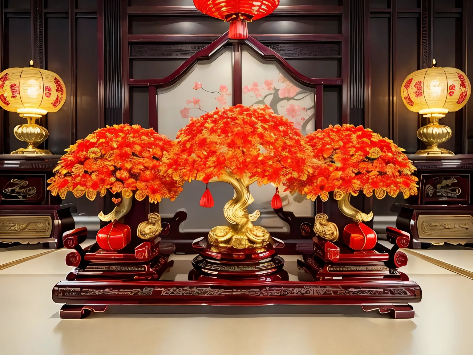 (masterpiece, best quality:1.2), 2 money tree，symmetry，In a room full of Chinese New Year flavor，Red Lantern（ （（充满奇幻元素的masterpiece））） （（best quality））， （（intricate details））（8k）