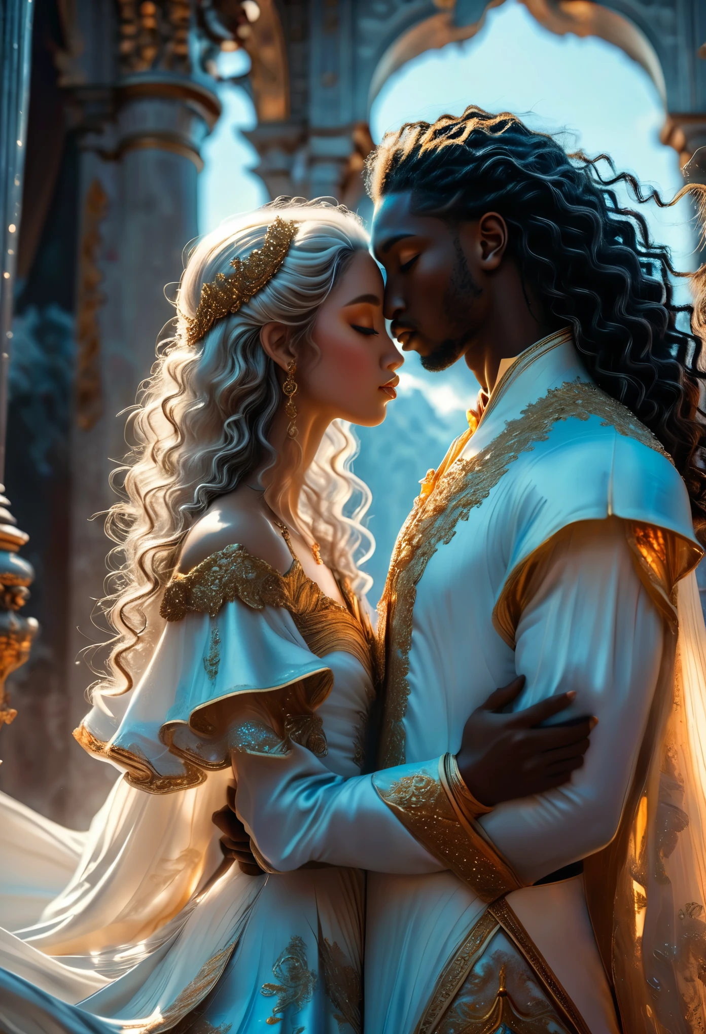 Passionate dark skin couple in a celestial landscape, in  palace, a divine prince with long curly brown hair and an albino imperial princess with long hair, Full body, 8K, extremely detailed, high quality, (photorealistic:1.37), Full body, ideal proportions and defined complexion, meticulously crafted features, unreachable beauty, perfection, breathtaking elegance, g curves, goddess-like figures, divine symmetry, artistic masterpieces, vivid realism, hyper-detailed sculptures, life-like forms, truly awe-inspiring, impeccable craftsmanship, pure radiance, ethereal beauty, delicate contours, striking poses, sublime beauty, subtle nuances, dynamic compositions, vibrant colors, perfect lighting, soulful expressions, celestial aura, majestic presence, dreamlike atmosphere, unmatched gdetailed octane render trending on artstation, 8 k artistic photography, photorealistic concept art, soft natural volumetric cinematic perfect light, chiaroscuro, award - winning photograph, masterpiece, perfect composition, beautiful detailed intricate insanely