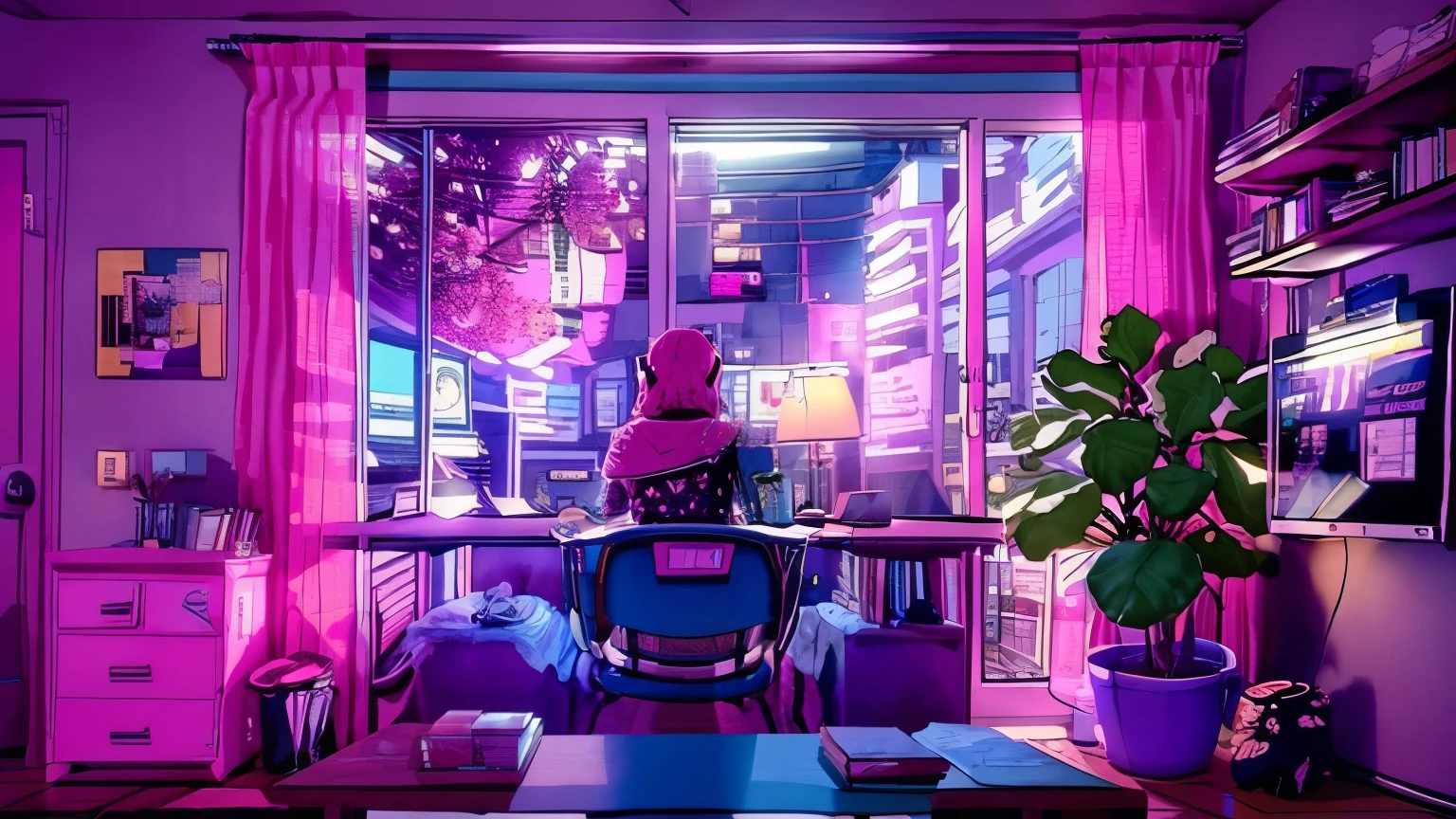 Girls are traders, pink theme, style anime, Computer, living room, in the Computer screen is chart stock night light , (very detailed:1.2), (warm light:1.2), table top, surreal,32K, very detailed CG Unity 8K 壁紙, highest quality  (table top,highest quality:1.5)