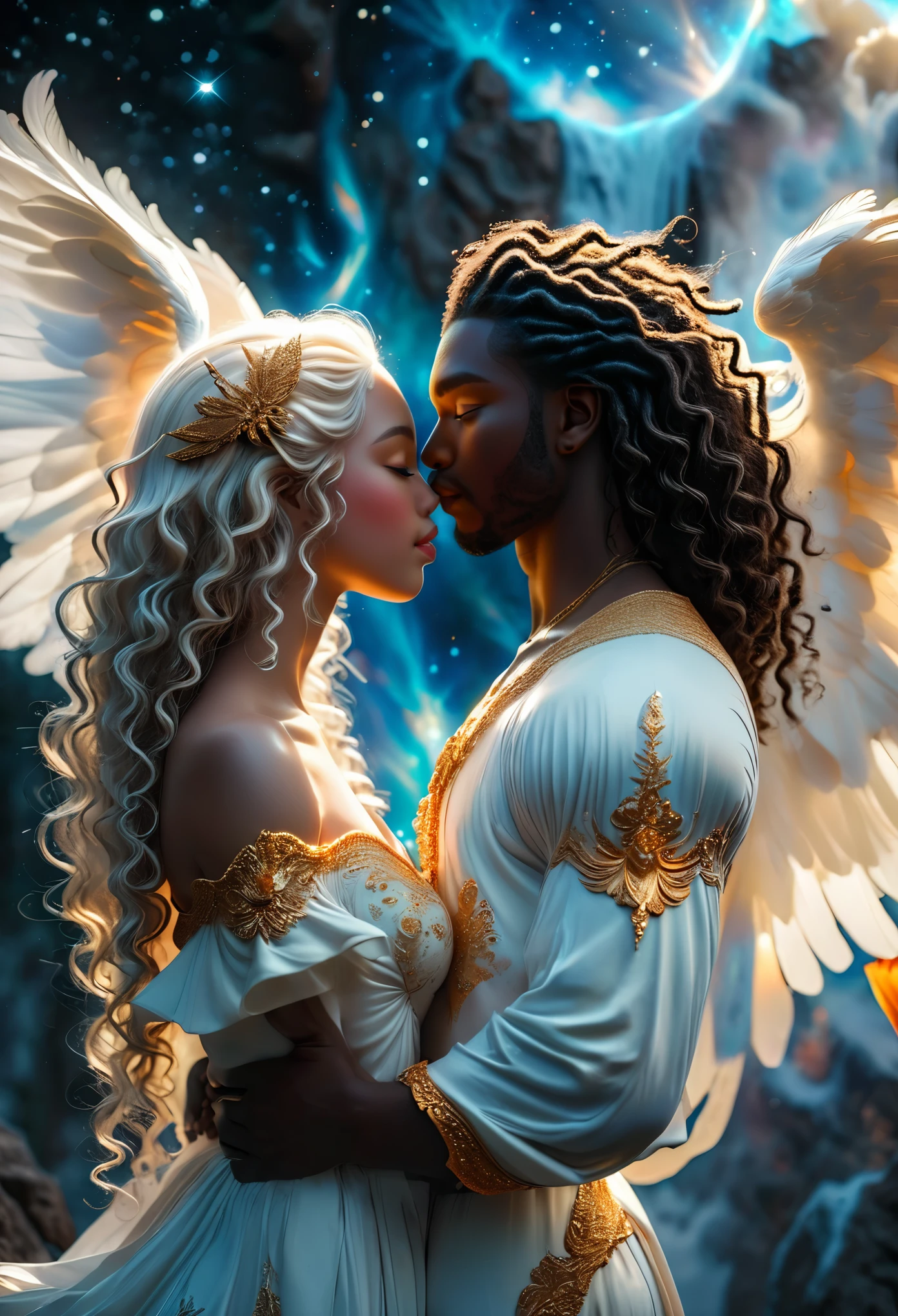 Passionate dark skin couple in a celestial landscape, he is Cupid with long curly brown hair and an albino imperial princess with long hair, Full body, 8K, extremely detailed, high quality, (photorealistic:1.37), Full body, ideal proportions and defined complexion, meticulously crafted features, unreachable beauty, perfection, breathtaking elegance, g curves, goddess-like figures, divine symmetry, artistic masterpieces, vivid realism, hyper-detailed sculptures, life-like forms, truly awe-inspiring, impeccable craftsmanship, pure radiance, ethereal beauty, delicate contours, striking poses, sublime beauty, subtle nuances, dynamic compositions, vibrant colors, perfect lighting, soulful expressions, celestial aura, majestic presence, dreamlike atmosphere, unmatched gdetailed octane render trending on artstation, 8 k artistic photography, photorealistic concept art, soft natural volumetric cinematic perfect light, chiaroscuro, award - winning photograph, masterpiece, perfect composition, beautiful detailed intricate insanely