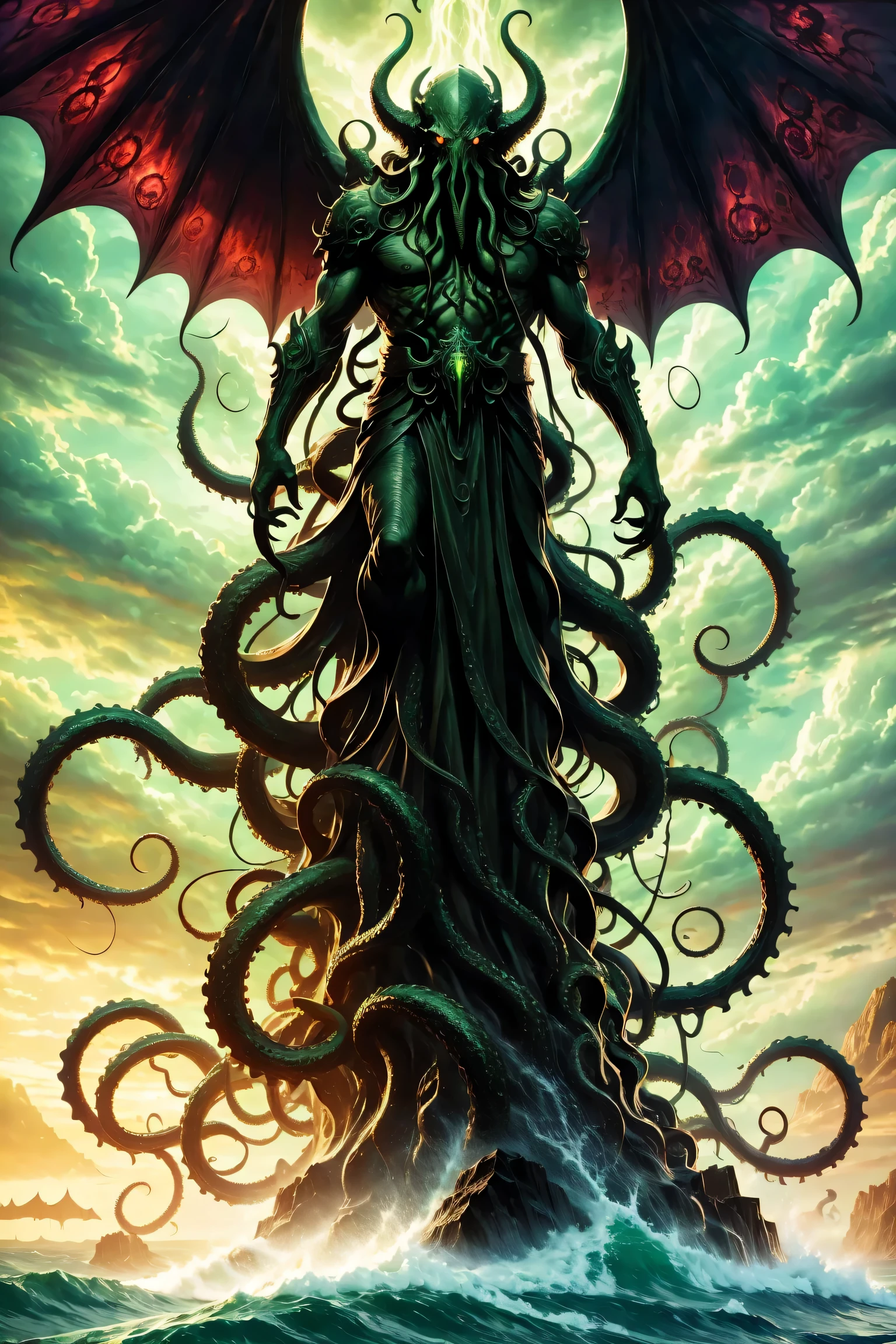 The mysterious emissary of Cthulhu,ominous dark atmosphere,The Awakened Ancient God,detailed tentacles,eyes of cosmic fear,memorial statue,bright colors,spider,terrible existence,strong and muscular,Under the moonlight,ominous shadow,Exquisite ancient runes,central symmetry,Evil silhouette of huge wings,dark magic,portrait,fear,otherworldly,occultism,Gothic,sublime imagery.(best quality,4k,8k,high resolution,masterpiece:1.2),Super detailed,(actual,photoactual,photo-actual:1.37)