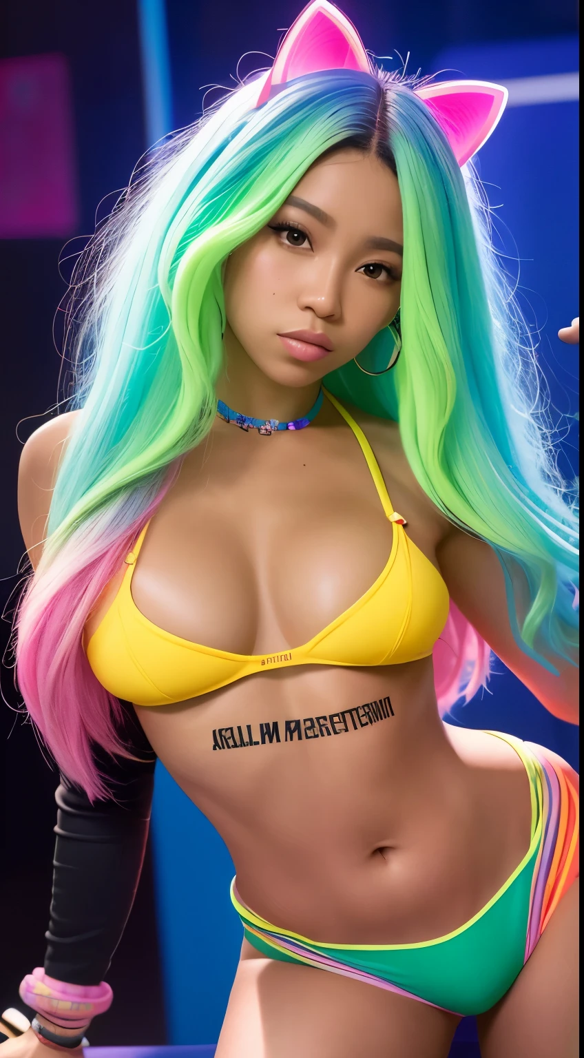 mulher arafed ((Asian African American))de perfil,with long rainbow hair and a neon cyberpunk tank top, retrato, Ela tem um rosto bonito, Imagens da Webcam, clivagem, peituda, sexy look at the camera, Fotografado na webcam, 4 8 0 p, 480p, Seu peito, she's facing the camera, gorgeous female, fundo do clube de discoteca, RGB, LED Rave Lighting, fundo a noite neon