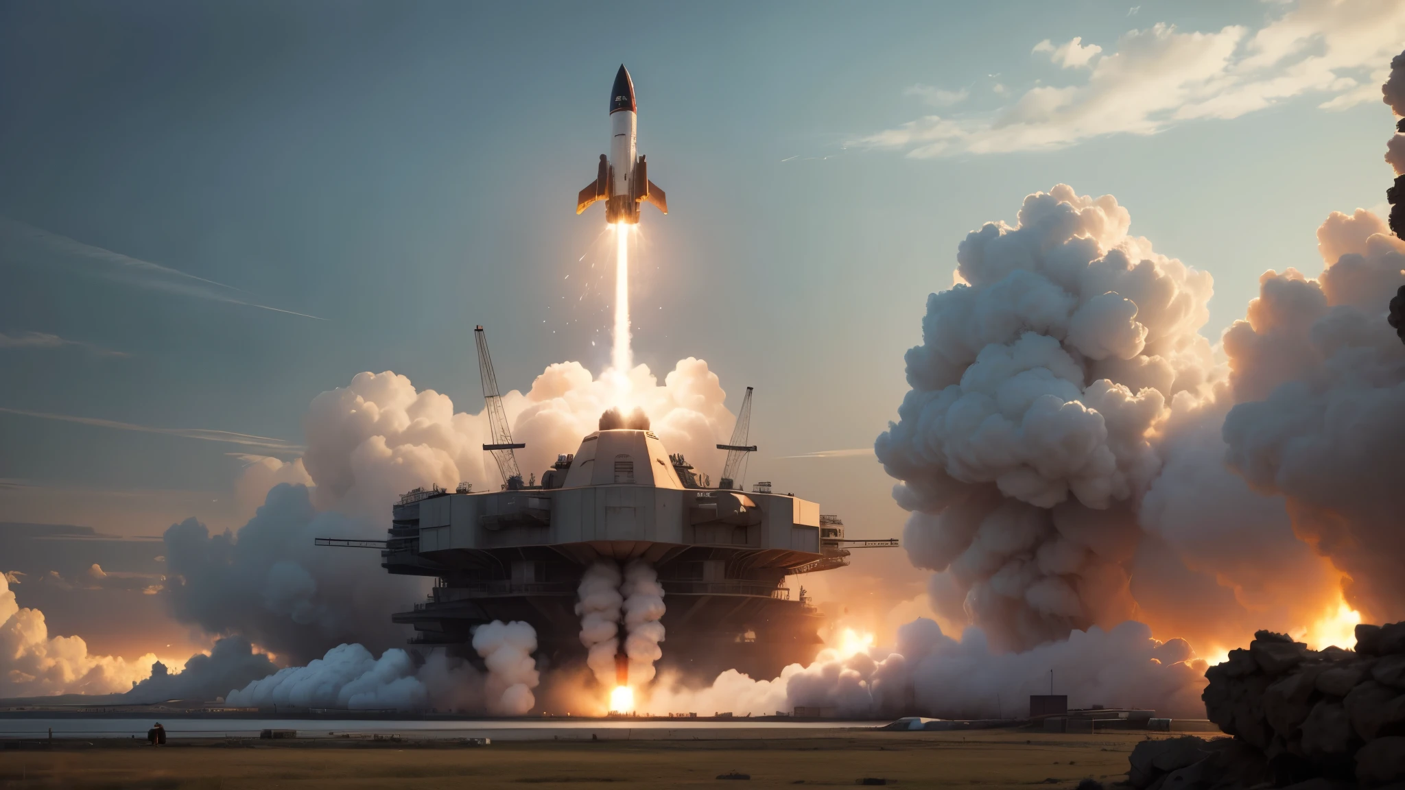 best quality, ultra high resolution，masterpiece, （reality，detail，close up）Missile launch base during World War II