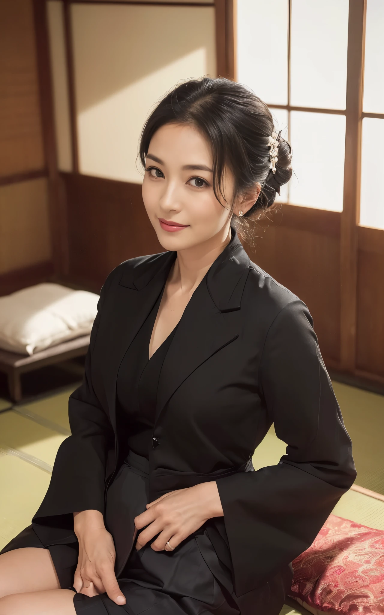 ((1 woman,The most beautiful faces in Japan,40 years,Old face,A MILF,There are wrinkles at the corners of the eyes,Pregnancy,Big belly,A detailed face,Perfect gas chamber,Looking at the camera,View here)),((((Black shirt,Black suit jacket,Black skirt,Black mourning clothes)))),((pearls necklace,Classy hairstyle,natural make up,The chest is very bulging,Smile here,Lowered eyebrows,drooping eyebrows,Staring at them with an adorable expression,Sitting in a Japanese-style room,Japanese-style tatami room,shoji,,Seowon Building,Sitting on a cushion in a room in Japan,Looking at the camera,look at a camera,Take a photo above from your lap)),((Turn to this,View here,Perfect fingers,perfect arms,detailed background,top-quality,The ultra -The high-definition,Perfect Anatomy,high-definition RAW color photography,professional photograpy, extremely delicate and beautiful, Extremely detailed,finely detail, Huge file size,Top image quality,8K,Award-Winning Works,masutepiece))