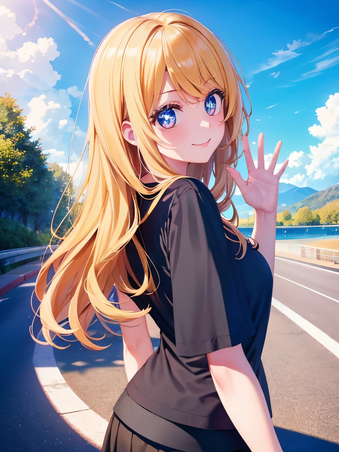 1woman,super beautiful,Morning,Road facing back, photo from behind,Wave hands,waving hands,half body photo,Beautiful eyes, very detailed face,smile,cute, HD face, perfect face,black t-shirt,black mini skirt,Very big breasts,Blonde hair,long hair,wavy hair,bangs,blue eyes,ultra detail,ultra Hd, masterpiece,4k