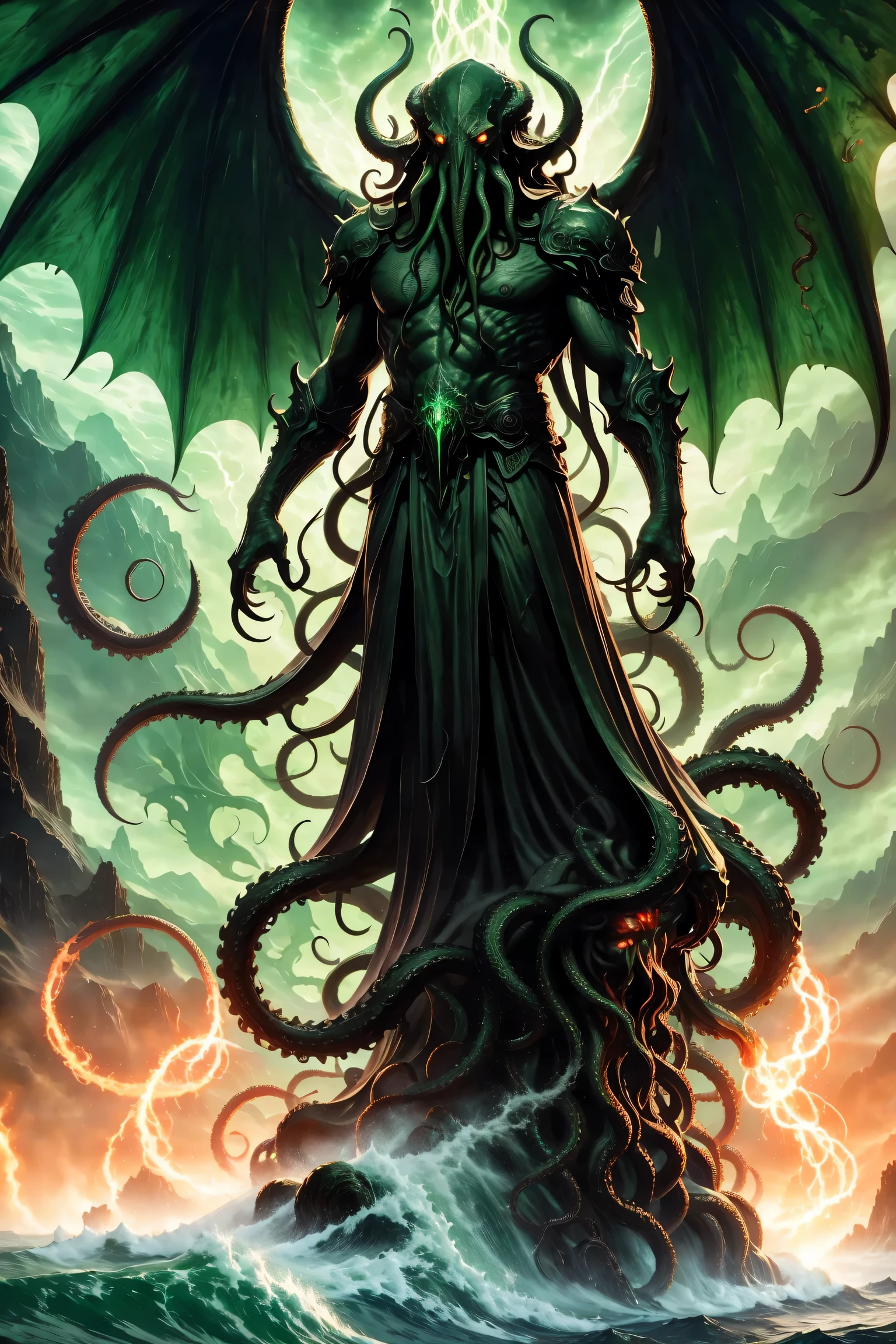 The mysterious emissary of Cthulhu,ominous dark atmosphere,The Awakened Ancient God,detailed tentacles,eyes of cosmic fear,memorial statue,bright colors,spider,terrible existence,strong and muscular,Under the moonlight,ominous shadow,Exquisite ancient runes,central symmetry,Evil silhouette of huge wings,dark magic,portrait,fear,otherworldly,occultism,Gothic,sublime imagery.(best quality,4k,8k,high resolution,masterpiece:1.2),Super detailed,(actual,photoactual,photo-actual:1.37)