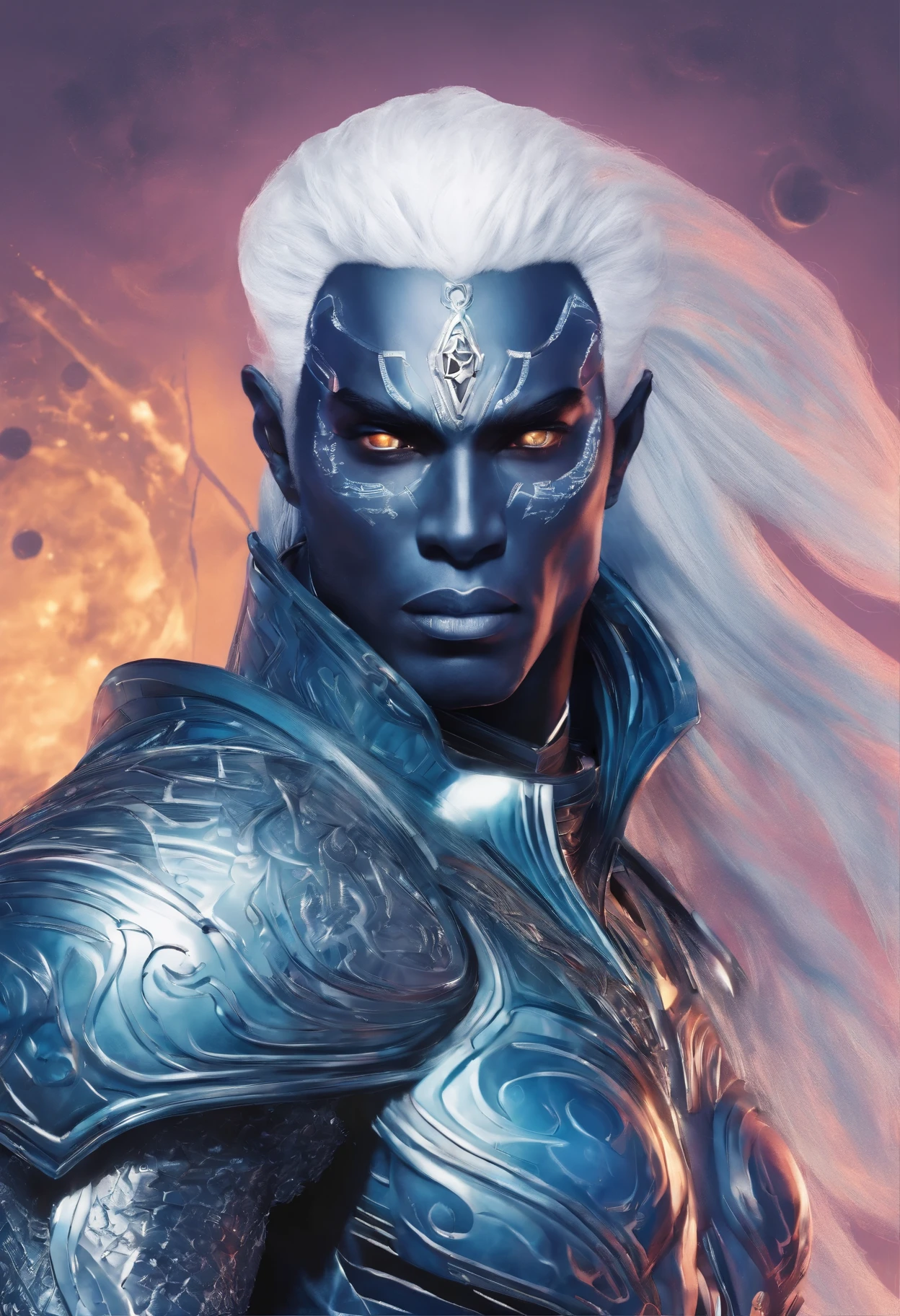 fantasy, A great warrior, an incredibly handsome Drow man, an emperor, long white hair combed back, black skin, strong build, completely blue eyes, in incredible onyx armor, full height, dynamic pose, hd