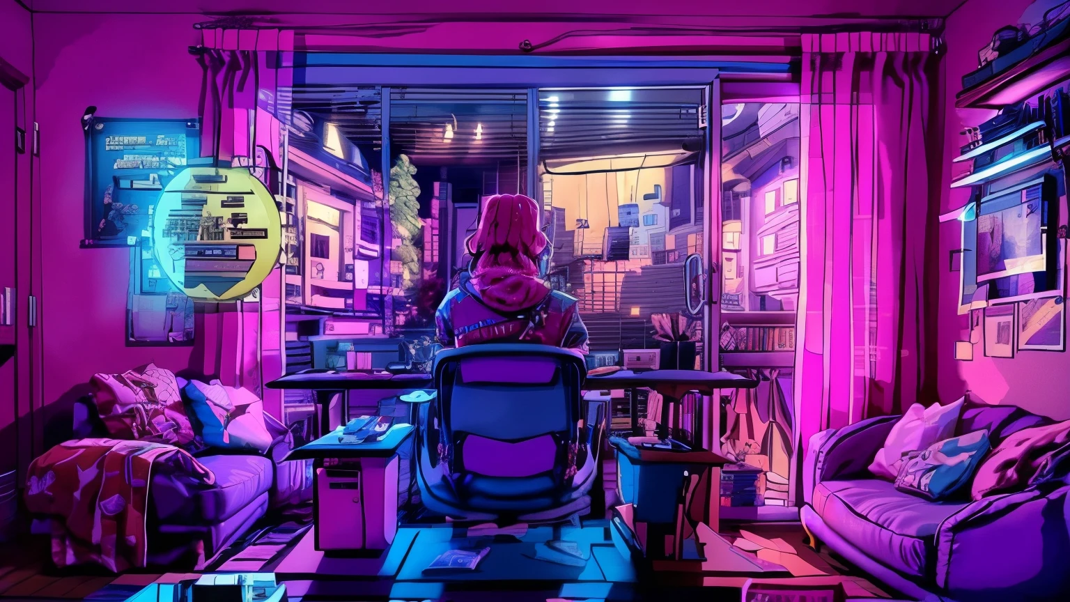 Girls are traders, pink theme, style anime, Computer, living room, in the Computer screen is chart stock night light , (very detailed:1.2), (warm light:1.2), table top, surreal,32K, very detailed CG Unity 8K 壁紙, highest quality  (table top,highest quality:1.5)