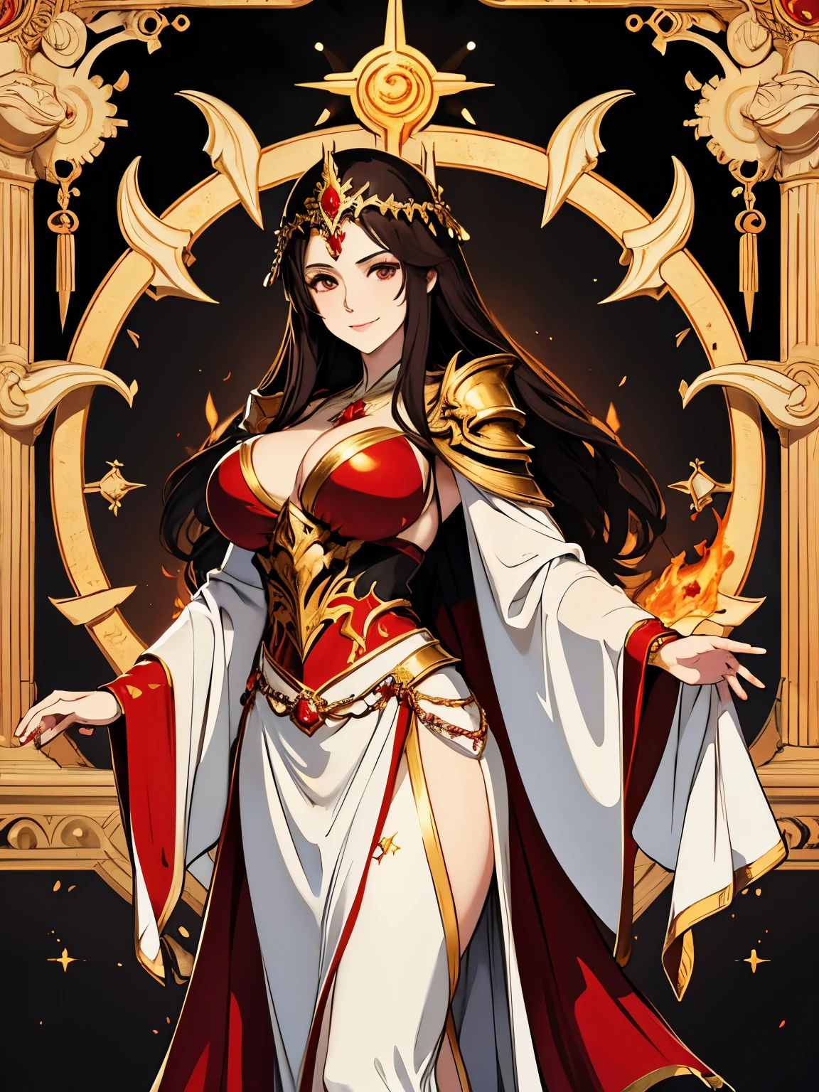 Gwynevere from dark souls as a goddess of fire with big breasts, dark hair and smiling. Revealing white robe with red accents and golden accessories. Background with symmetry. Sun symbolism on the background.