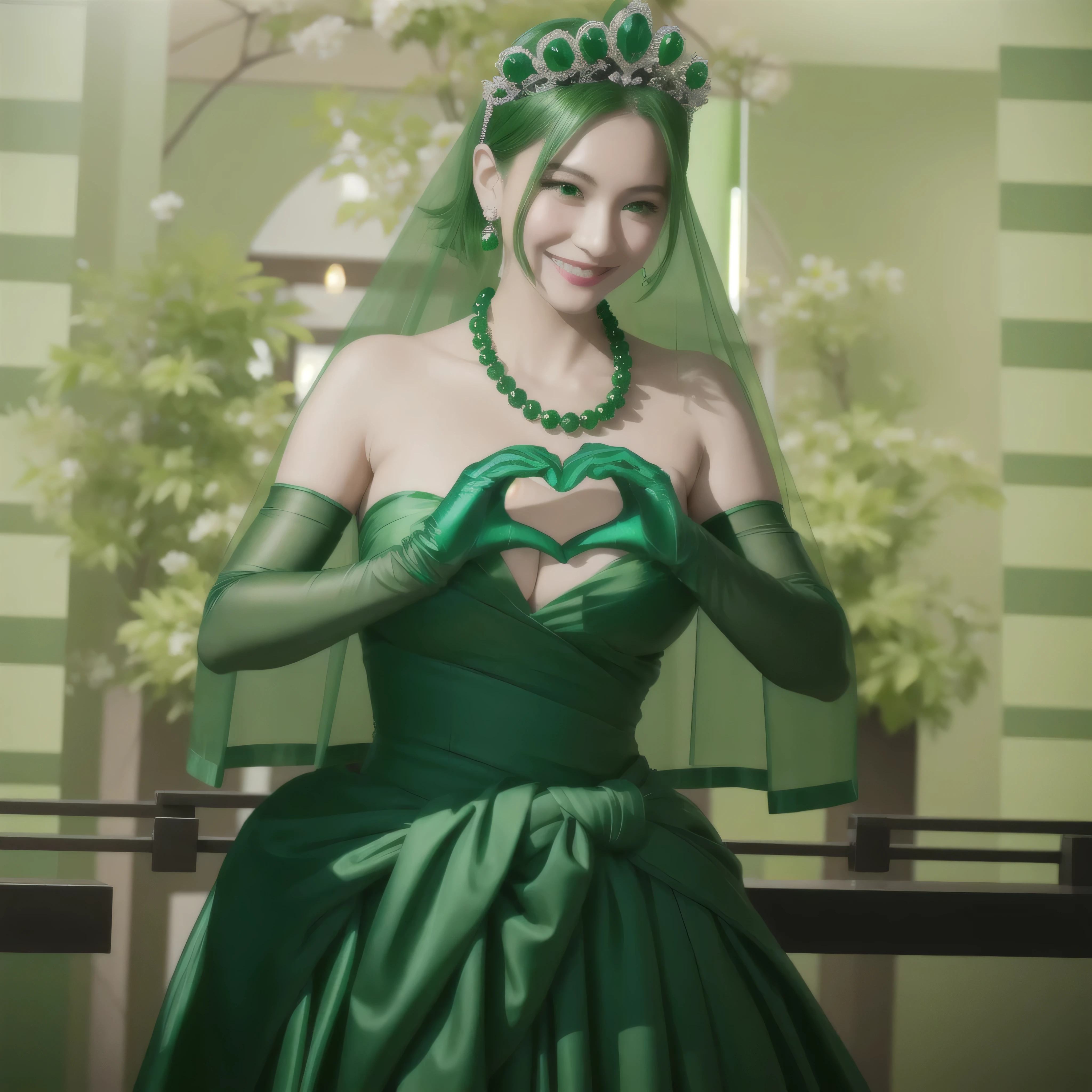 emerald tiara, Green Pearl Necklace, ボーイッシュな非常に短いgreen hair, green lips, smiling Japanese woman, very short hair, Beautiful woman with big breasts, green eyes, green satin long gloves, green eyes, emerald earrings, Green veil, Heart with both hands, green hair, beautiful japanese woman, heart shaped hands:1.3, green lip gloss