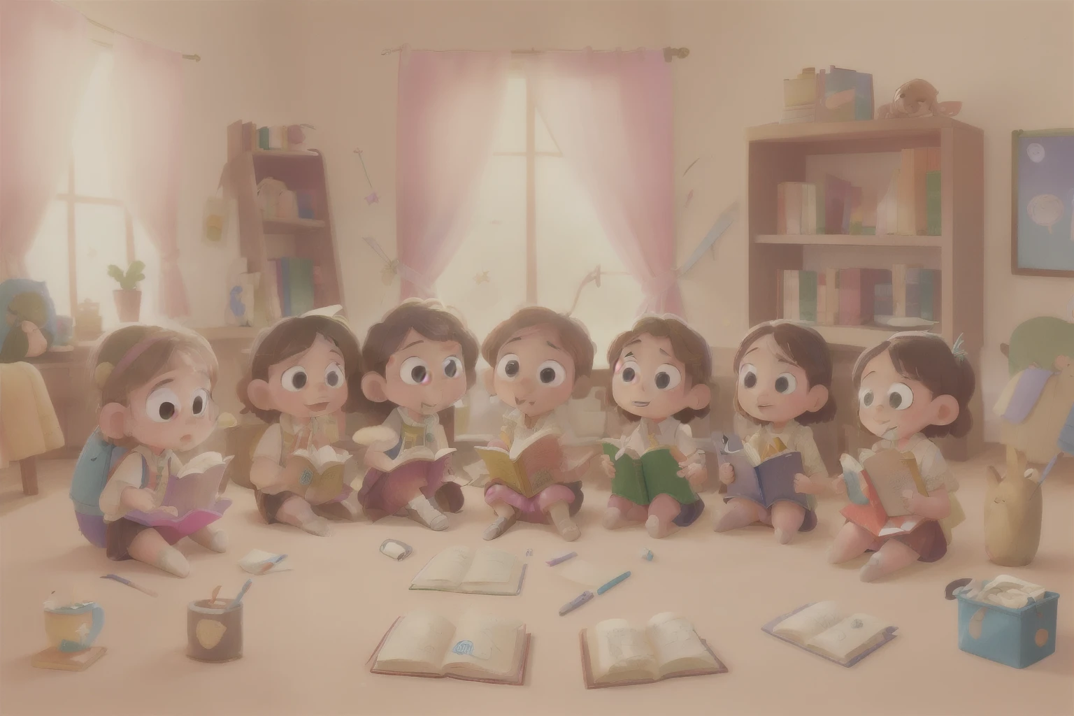 A group of children are reading extracurricular books，have a lot of fantasies，Colorful