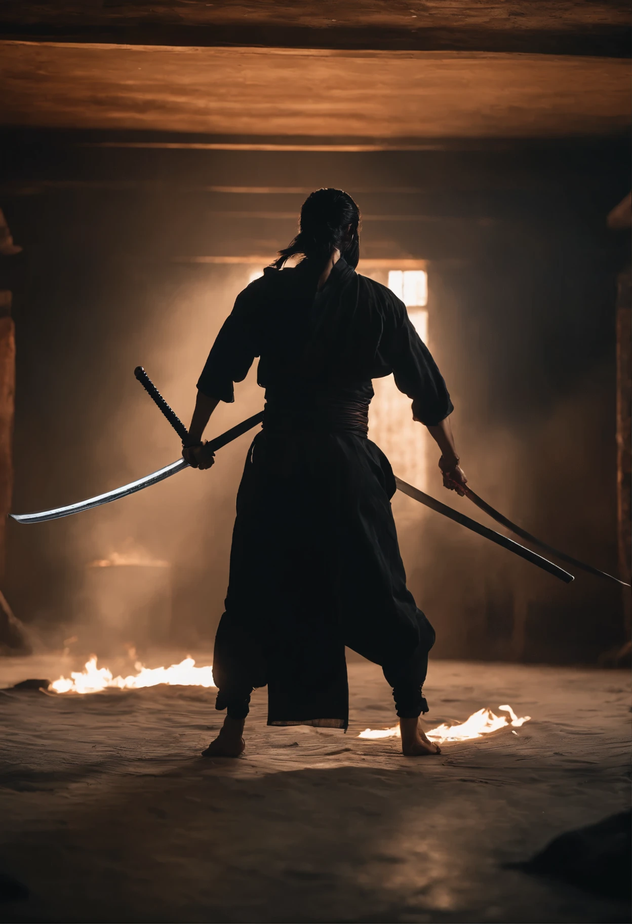 Black ninja with traditional black pants mask Knot and with nude ripped cutting back body ,long katana in both hands in traditional ninja room open hands , photo destroyed room with fire , some dead lying down,  open hands holding a katana in both open hands , photo from his back view , back body cuts, looking back, dark background with fire, full traditional destroyed room view , doing some kayos, messy curly hair pony tail ,sit on one knee slip leg , damage body , asian, wet in blood