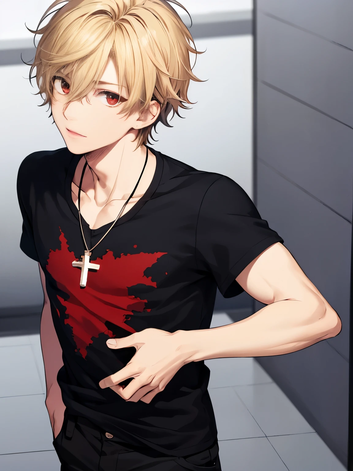1 boy,solo,20 years old,Walk facing backwards,close up photo,cross necklace,handsome,messy hair,Perfect face, detailed face, short hair, blonde hair,black t-shirt,black trousers, Long pants,red eyes,bright red eyes, vampire