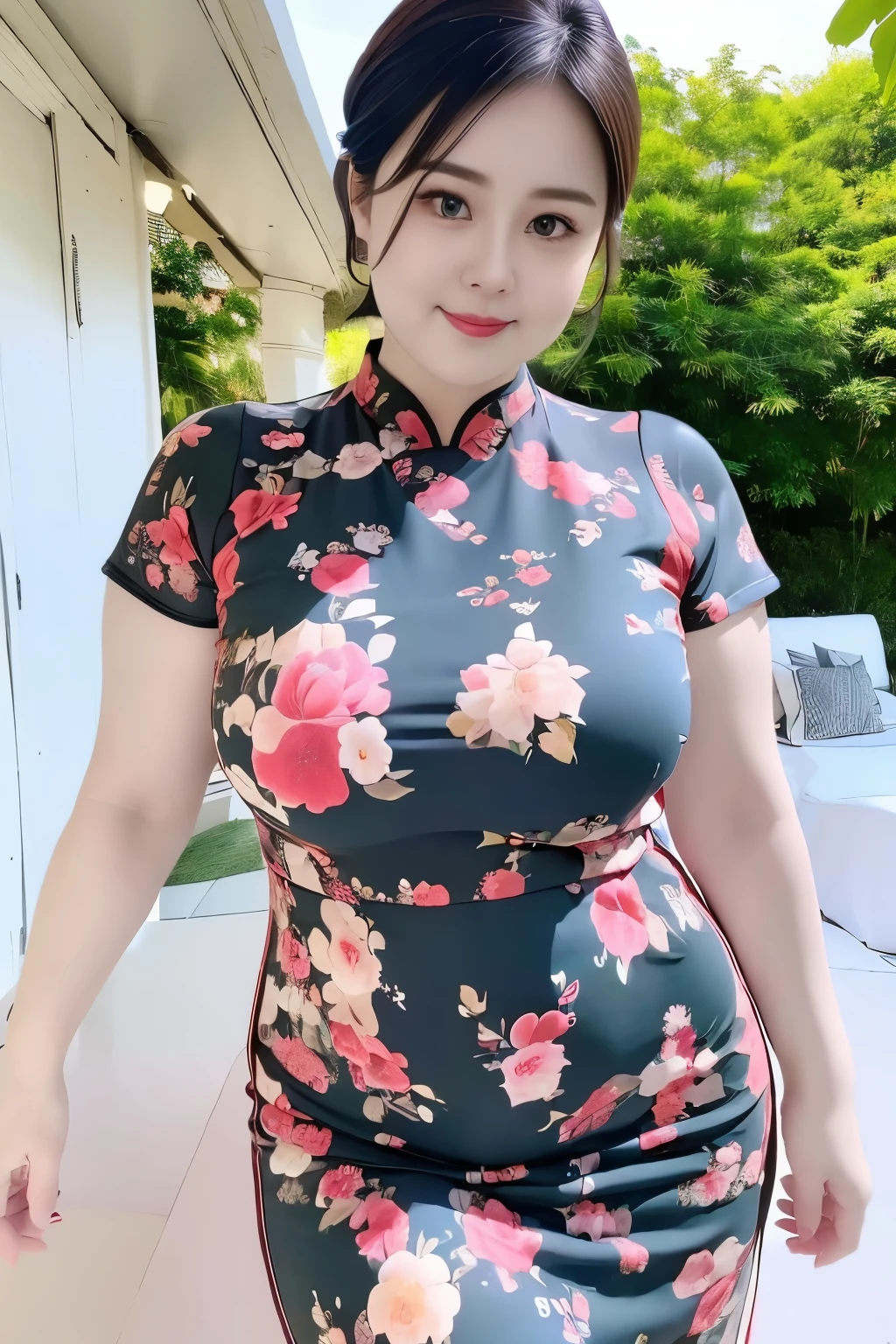 ((top quality、8k、masterpiece:1.3))、sharp focus, High level of image quality, high resolution，Draw lips correctly, red lipstick, from chest up, best quality, Super detailed, lifelike, Super fine skin, perfect anatomy, (Chinese women), (alone)，Wearing a green floral round neck long dress，。40 year old female，adult，charming smile，Chubby face，Round cheeks， ，Fat face，Chubby round face，big eyes，short hair，hair up，hair tied up，Big breasts，Chubby body， Leg length，stand，stand up，beach background