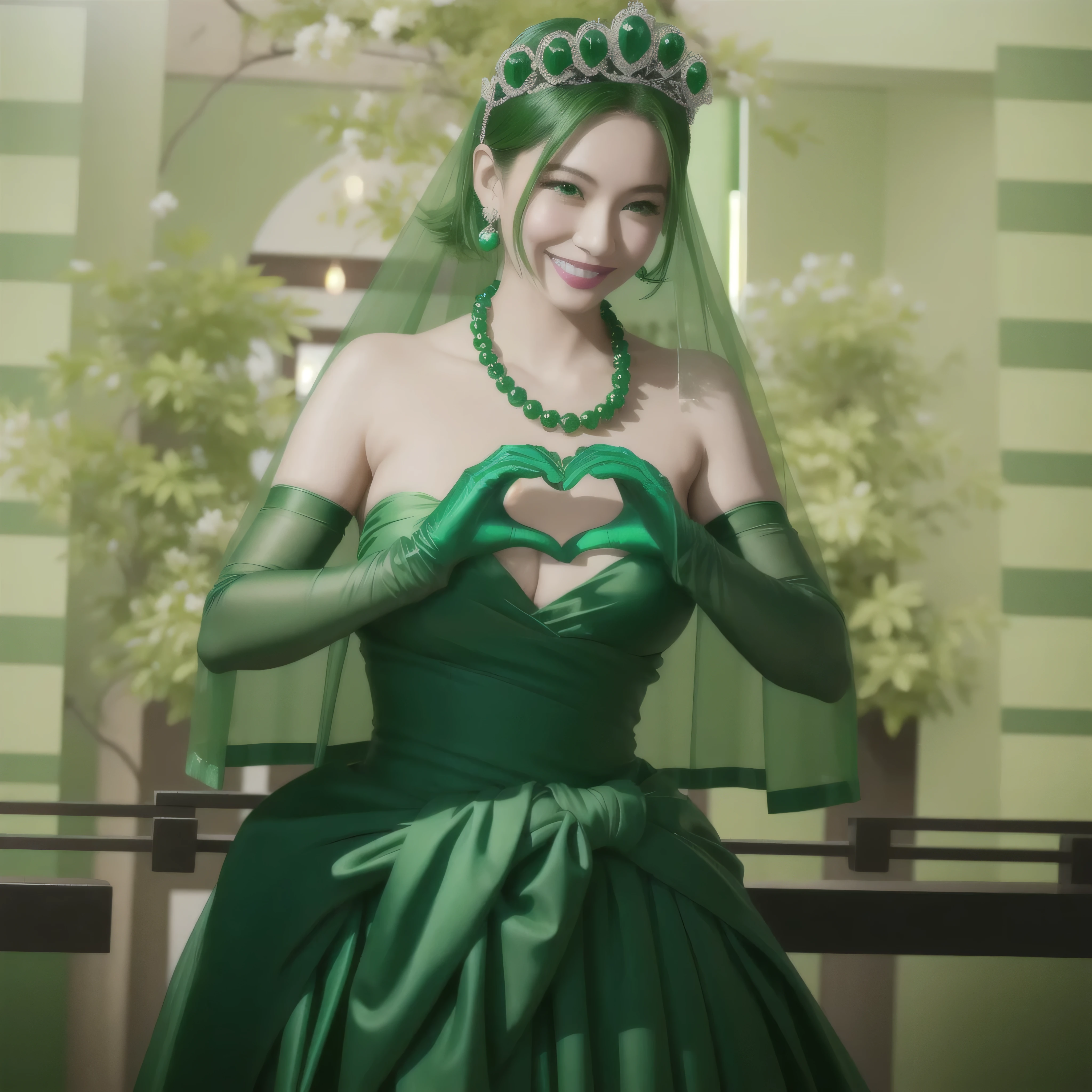 emerald tiara, Green Pearl Necklace, ボーイッシュな非常に短いgreen hair, green lips, smiling Japanese woman, very short hair, Beautiful woman with big breasts, green eyes, green satin long gloves, green eyes, emerald earrings, Green veil, Heart with both hands, green hair, beautiful japanese woman, heart shaped hands:1.3, green lip gloss