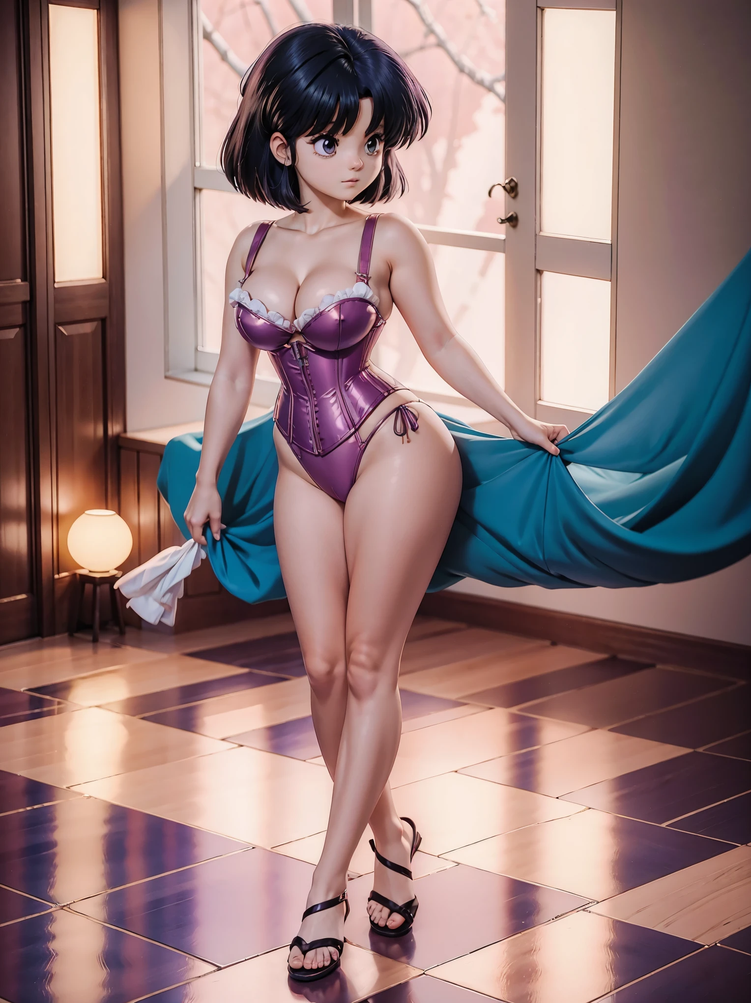 Garota anime cabelo escuro com calcinha rosa e corset pink, , corpo bonito, seios grandes, com as hands on chest, hands on chest, Garota sexy, purple cabelo, mechas de cabelo laterais, mechas de cabelo na lateral do rosto, beautiful lighting, sombras suaves, olhos azuis, pernas bonitas, cabelo curto, estilo anime, personagem Akane Tendo, Autora Rumiko Takahashi, Baseado em obra de Rumiko Takahashi, Anime Ranma 1/ 2, decote sexy, quadril robusto, corpo inteiro, corpo inteiro, busto grande, garota jovem com corpo belo e bonito, sandals on his feet, garota 16 anos usando calcinha e corset pink, garota anime, estilo anime, beautiful feet in sandals, 45° viewing angle, ao ar livre, peito grande, seios bonitos, cabelo preto, sandals on the feet, pernas bonitas, sexy, belas pernas, Sandalias, seios grandes, corpo completo, corpo inteiro, feet with sandals, big breasts