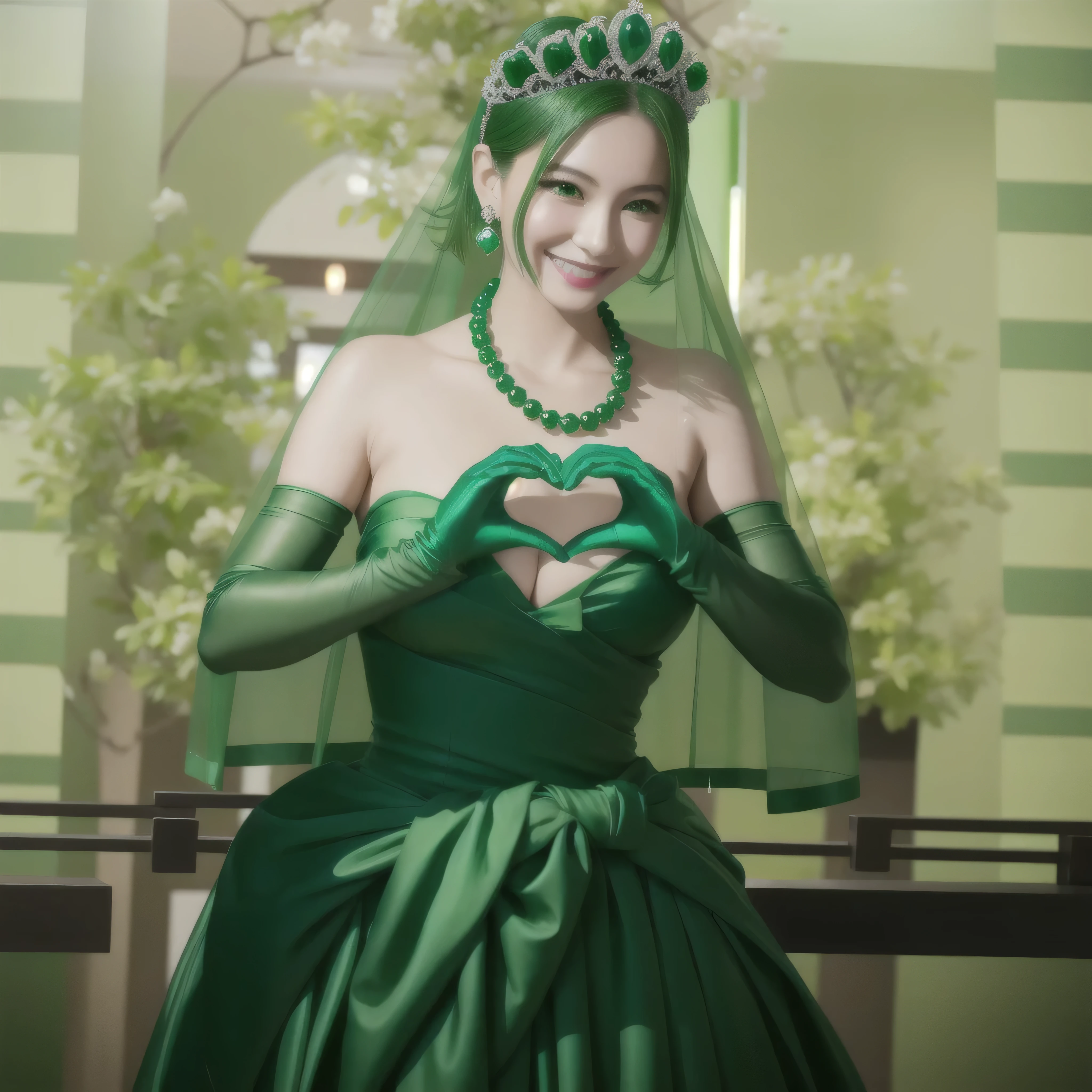 emerald tiara, Green Pearl Necklace, ボーイッシュな非常に短いgreen hair, green lips, smiling Japanese woman, very short hair, Beautiful woman with big breasts, green eyes, green satin long gloves, green eyes, emerald earrings, Green veil, Heart with both hands, green hair, beautiful japanese woman, heart shaped hands:1.3, green lip gloss