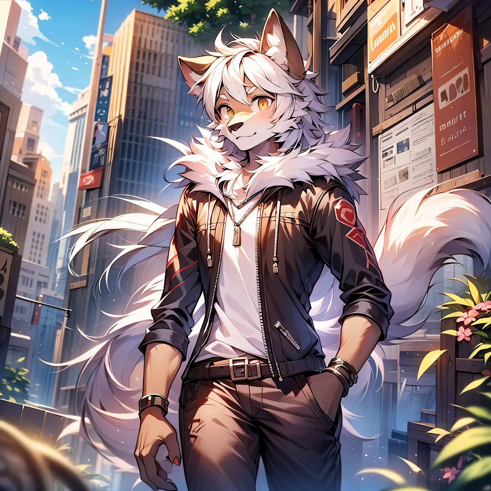 furry,furry wolf,white hair,male，young,little cute,by milkytiger1145,,golden eyes,wolf tail,gran detalle,gray fur,standing，solo sunshine,sky,beautiful scene ,summer,peaceful,shorter pants,(Dark environment 0.8),（Wide angle lens 1.5）,masterpiece,high quality，modern,cuteness