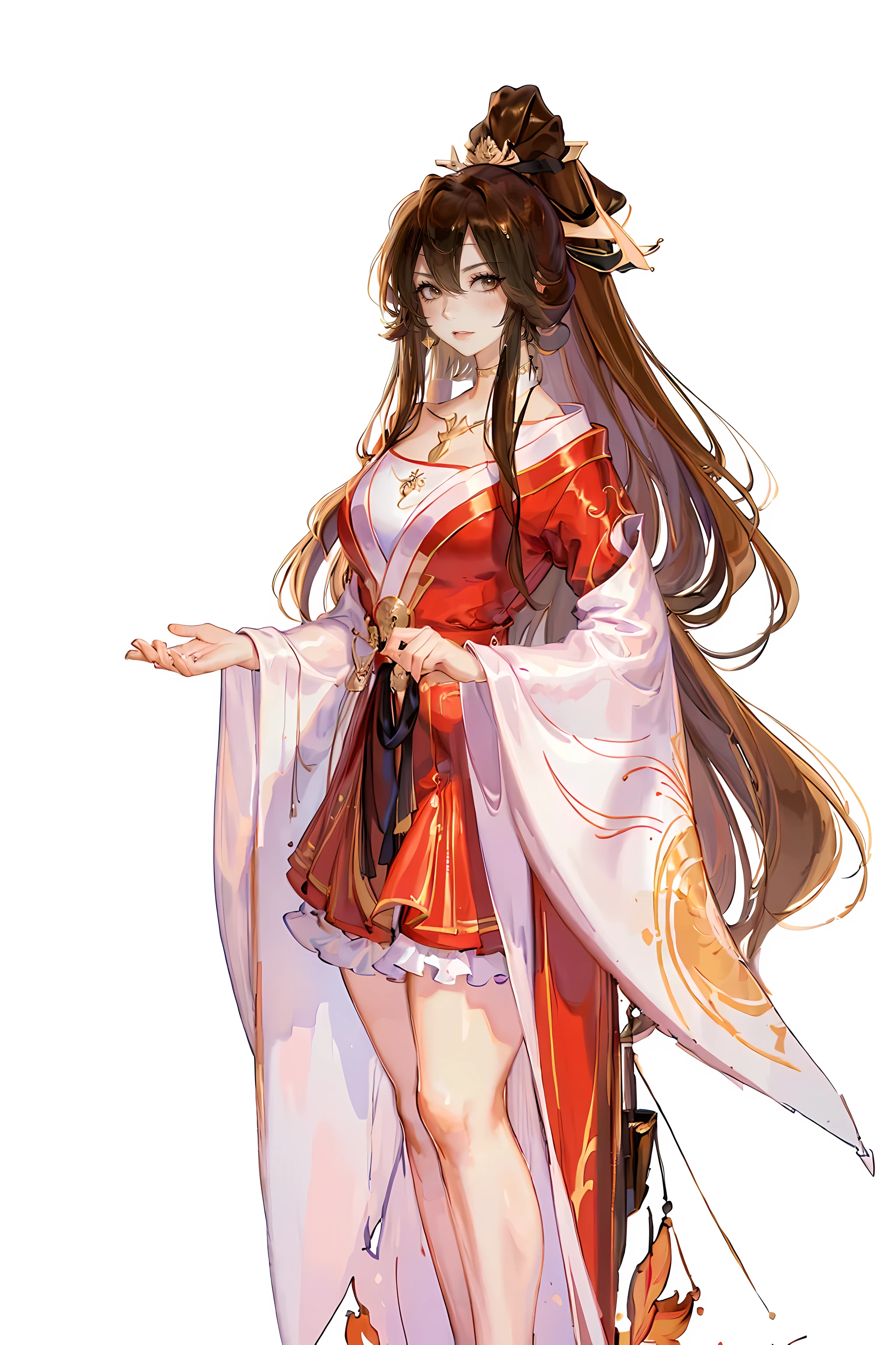 (((masterpiece, best quality, ultra high resolution, CG unified 8K wallpaper, best quality at best, super detailed, Ultra HD quality))), 1 beautiful, long hair, game fairy, red clothes, Hanfu, yarn, 流动的yarn布, jewelry, Good face shape, beautiful eyes, beautiful hairstyle, beautiful clothes, Reasonable structure,Thick thighs