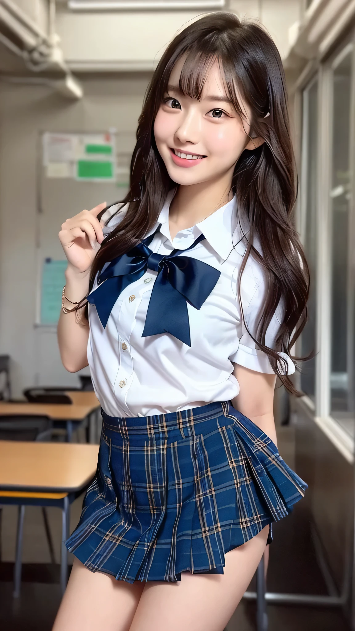 head frame, center image, 8K resolution, high detail, detailed hairstyle, detailed face, great cinematic lighting, octane rendering, lively, surreal, perfect limbs, perfect anatomy,masterpiece, selfie shot, Front view, Young and beautiful Japan woman, big smile, school classroom, gorgeous appearance, Wearing a short-sleeved shirt with a white collar、Wearing a plain shiny blue satin bow tie。。, She is wearing a blue tartan plaid miniskirt., Wearing short white socks, wearing black leather shoes, absolutely beautiful face, glossy lips, double eyelids in both eyes, natural makeup, long eyelashes, Shiny and smooth light brown medium hair, asymmetrical bangs, tanned skin, alone in the classroom, Textbooks and notebooks on the desk, 