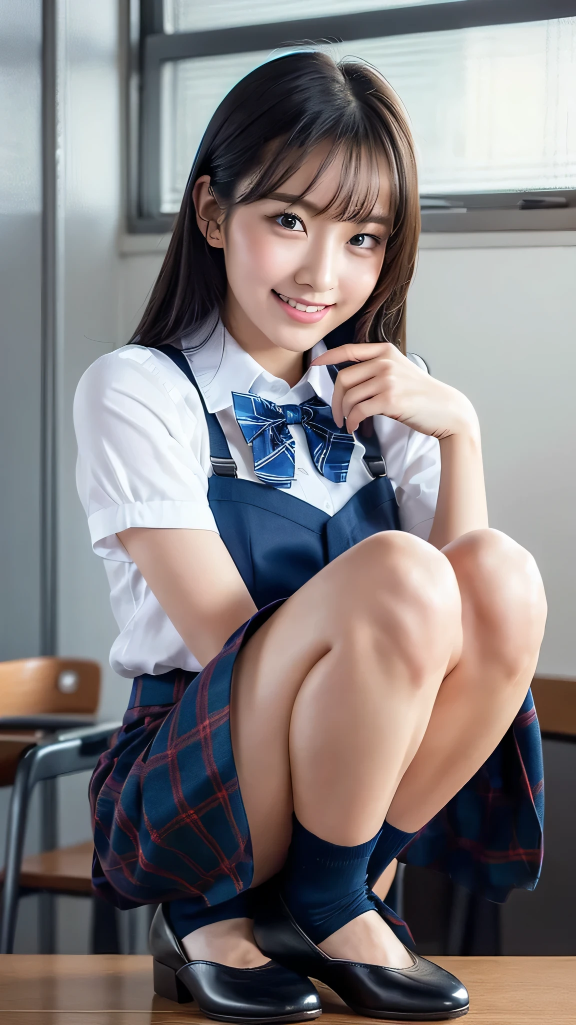 head frame, center image, 8K resolution, high detail, detailed hairstyle, detailed face, great cinematic lighting, octane rendering, lively, surreal, perfect limbs, perfect anatomy,masterpiece, selfie shot, Front view, Young and beautiful Japan woman, big smile, school classroom, gorgeous appearance, Wearing a short-sleeved shirt with a white collar、Wearing a plain shiny blue satin bow tie。。, She is wearing a blue tartan plaid miniskirt., Wearing short white socks, wearing black leather shoes, absolutely beautiful face, glossy lips, double eyelids in both eyes, natural makeup, long eyelashes, Shiny and smooth light brown medium hair, asymmetrical bangs, tanned skin, alone in the classroom, Textbooks and notebooks on the desk, squat,