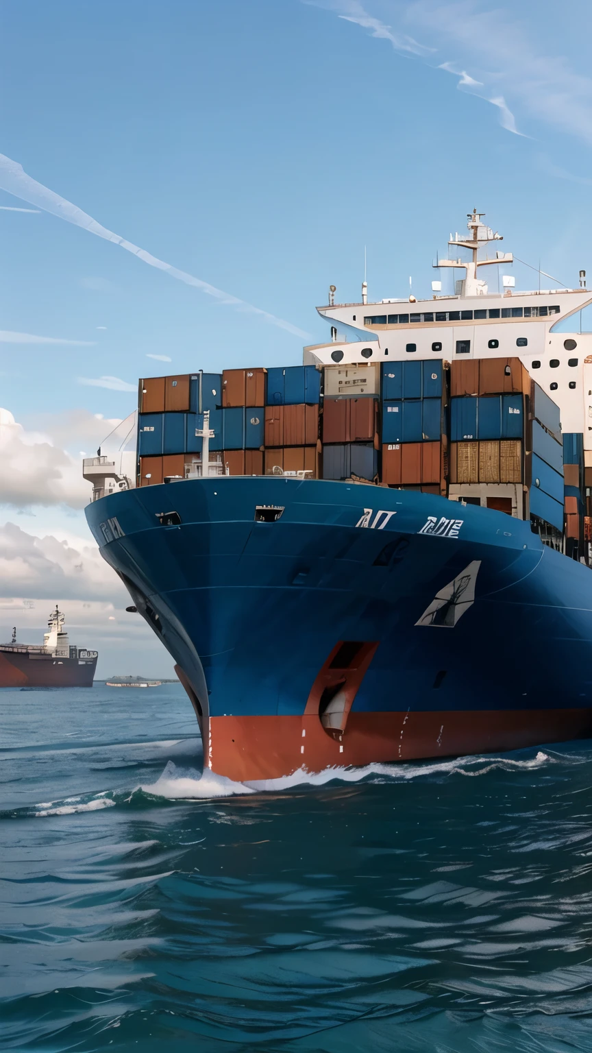 Epic Realism, Masterpiece, Photography, (Low Angle : 1), arafly large blue ship with lots of containers on it, container ship, portrait of a big, utilitarian cargo ship, by Matija Jama, the photo shows a large, view from the side, photo taken from behind, hull, by Jakob Gauermann, shipping containers,