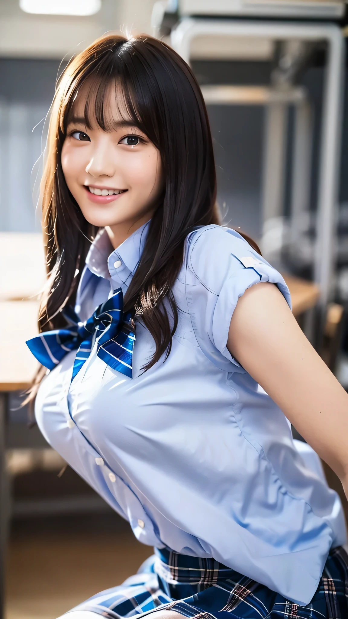 head frame, center image, 8K resolution, high detail, detailed hairstyle, detailed face, great cinematic lighting, octane rendering, lively, surreal, perfect limbs, perfect anatomy,masterpiece, selfie shot, Front view, Young and beautiful Japan woman, big smile, school classroom, gorgeous appearance, Wearing a short-sleeved shirt with a white collar、Wearing a plain shiny blue satin bow tie。。,She is wearing a tartan plaid miniskirt., Wearing short white socks, wearing black leather shoes, absolutely beautiful face, glossy lips, double eyelids in both eyes, natural makeup, long eyelashes, Shiny and smooth light brown medium hair, asymmetrical bangs, tanned skin, alone in the classroom, Textbooks and notebooks on the desk, squat,shot from the side、