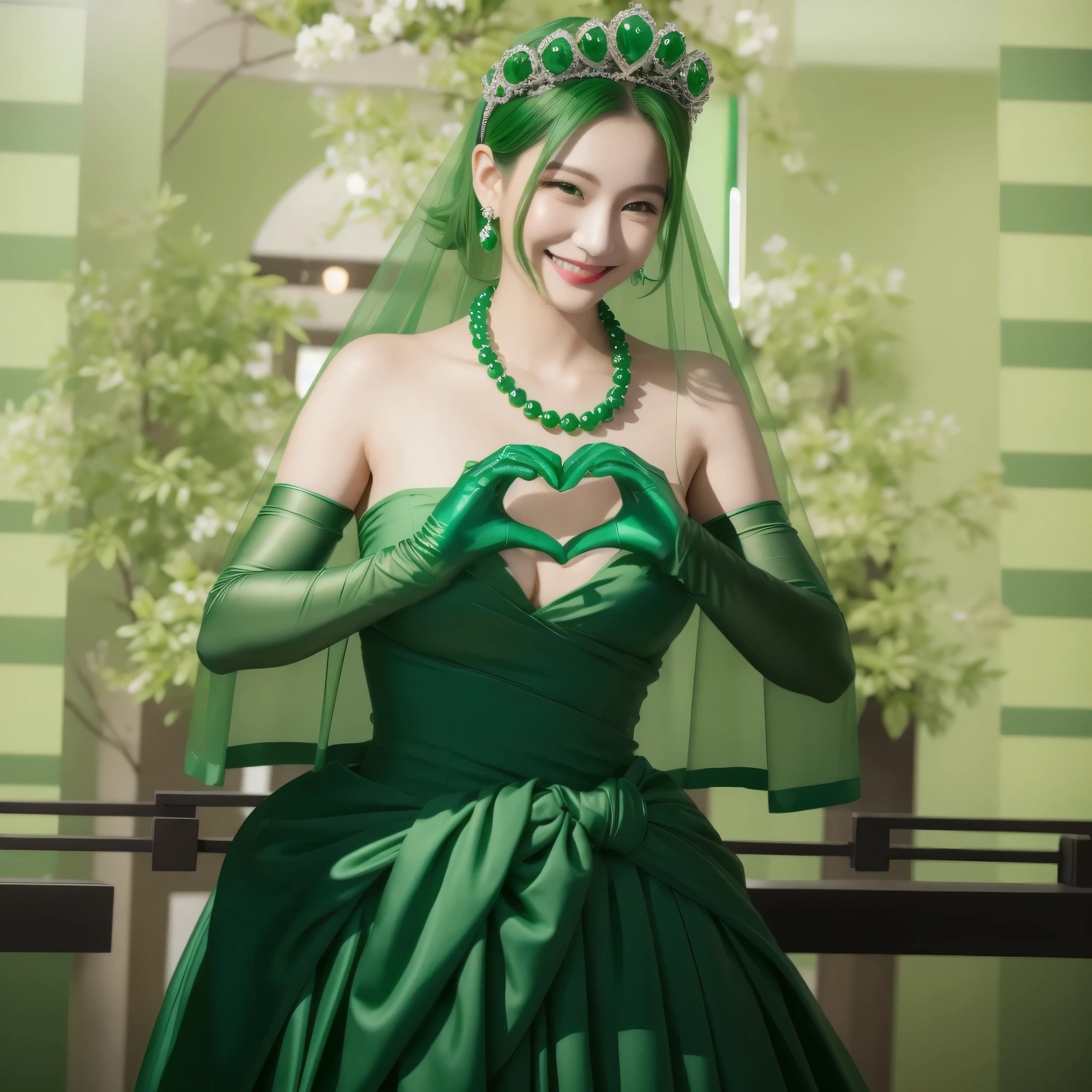 emerald tiara, Green Pearl Necklace, ボーイッシュな非常に短いgreen hair, green lips, smiling Japanese woman, very short hair, Beautiful woman with big breasts, green eyes, green satin long gloves, green eyes, emerald earrings, Green veil, Heart with both hands, green hair, beautiful japanese woman, heart shaped hands:1.3, green lip gloss