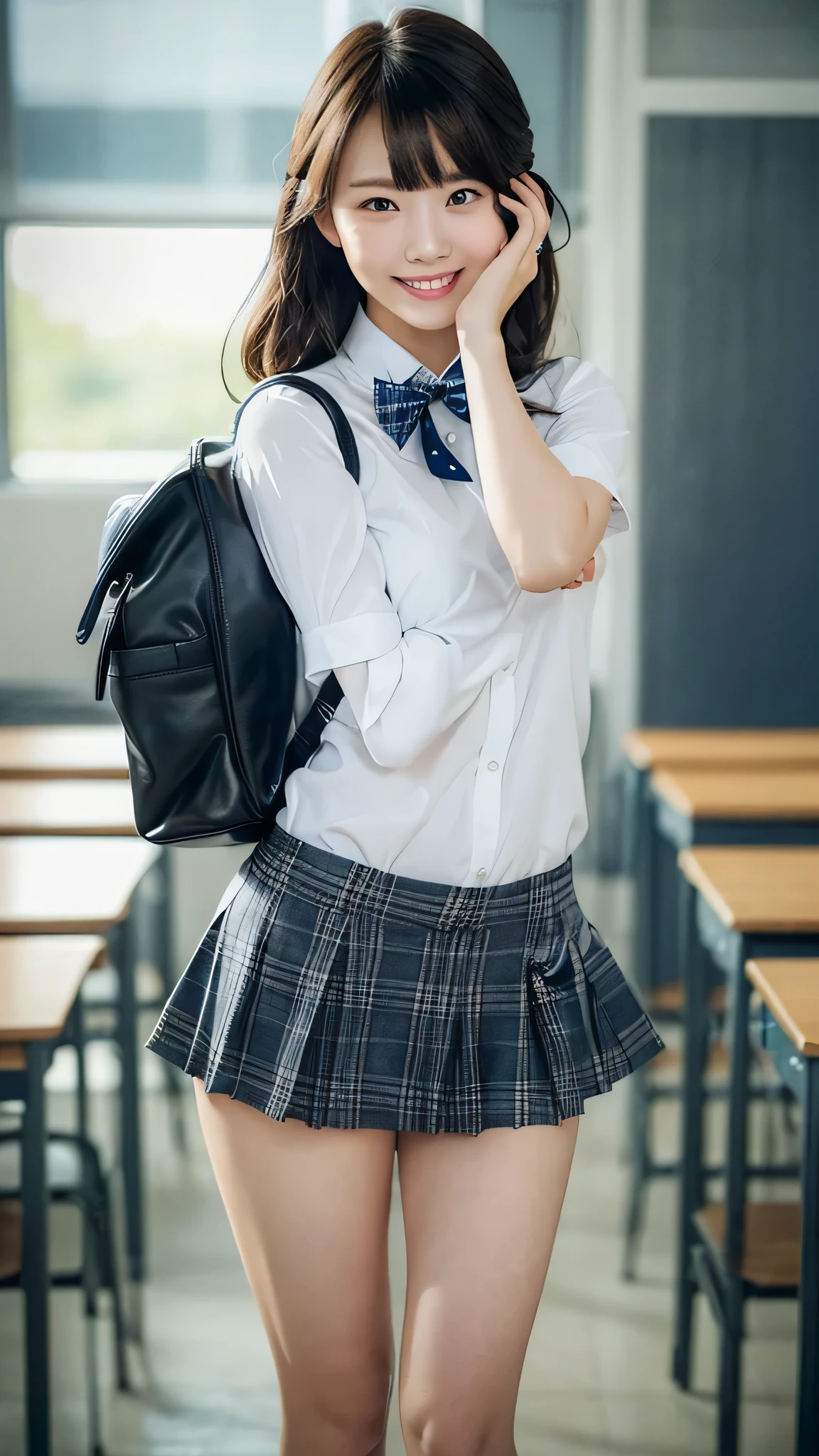 head frame, center image, 8K resolution, high detail, detailed hairstyle, detailed face, great cinematic lighting, octane rendering, lively, surreal, perfect limbs, perfect anatomy,masterpiece, selfie shot, Front view, Young and beautiful Japan woman, big smile, school classroom, gorgeous appearance, Wearing a short-sleeved shirt with a white collar、Wearing a plain shiny blue satin bow tie。,　She is wearing a tartan plaid miniskirt., Wearing short white socks, wearing black leather shoes, absolutely beautiful face, glossy lips, double eyelids in both eyes, natural makeup, long eyelashes, Shiny and smooth light brown medium hair, asymmetrical bangs, tanned skin, alone in the classroom, Textbooks and notebooks on the desk, Rear view,shot from behind,