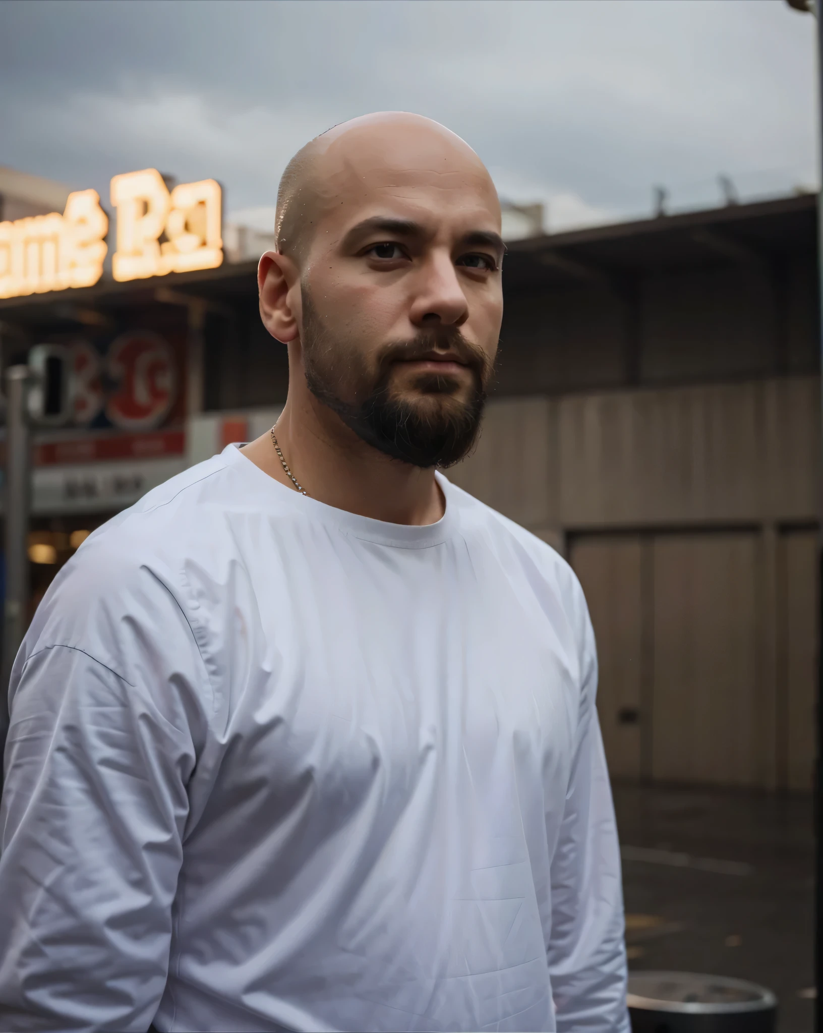 Bald guy, with beard. Standing on the street of New York at night.. neon lights, rain. Without changing faces