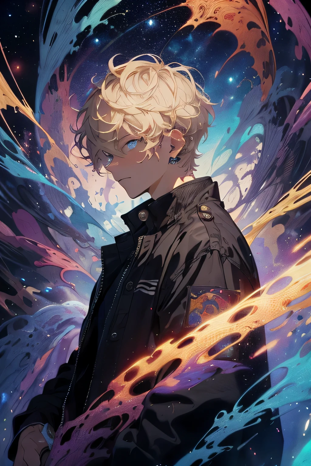 actual, (masterpiece, top quality, best quality, official art, Beauty and Aesthetics: 1.2), Very detailed, Fractal art, rich and colorful, most detailed, tangled, (abstract background: 1.5) (1 boy: 1.3), God, blonde hair, short hair, (glowing blue eyes, starry sky, handsome man, (((Glorious Licorice)))