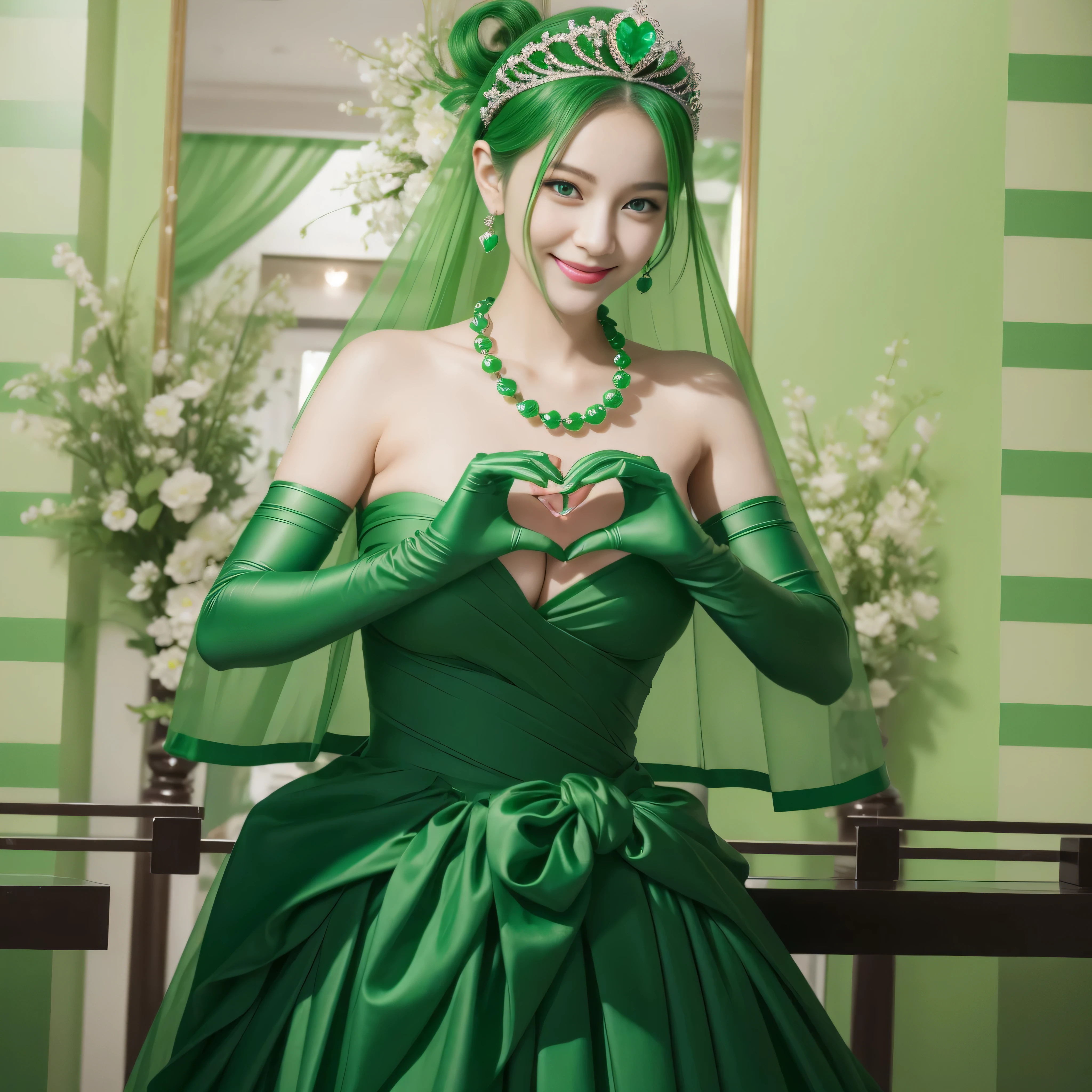 emerald tiara, Green Pearl Necklace, ボーイッシュな非常に短いgreen hair, green lips, smiling Japanese woman, very short hair,  Beautiful woman with big breasts, green eyes, green satin long gloves, green eyes, emerald earrings, Green veil, Heart with both hands, green hair, beautiful japanese woman, heart shaped hands:1.3, green lip gloss