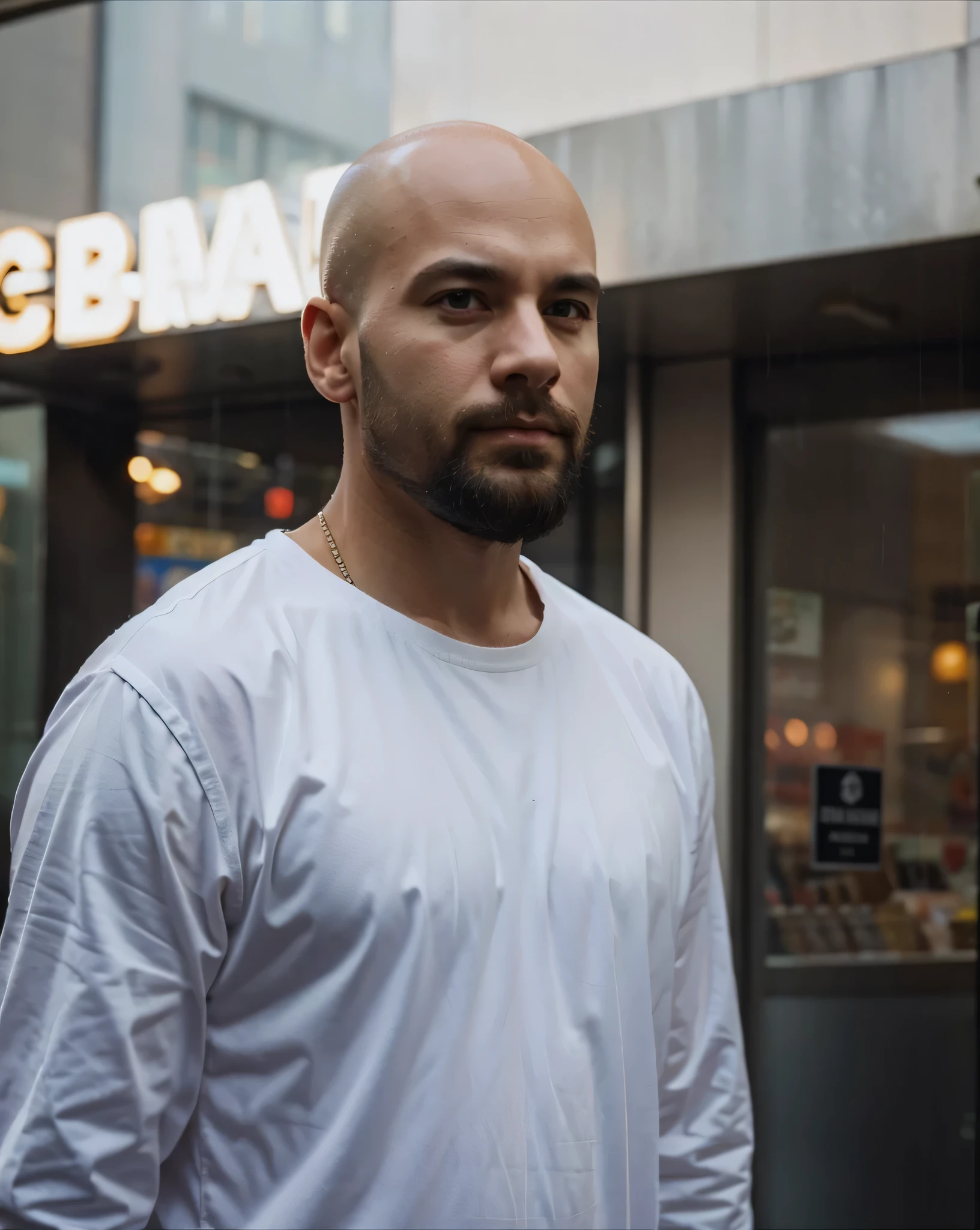 Bald guy, with beard. Standing on the street of New York at night.. neon lights, rain. Without changing faces