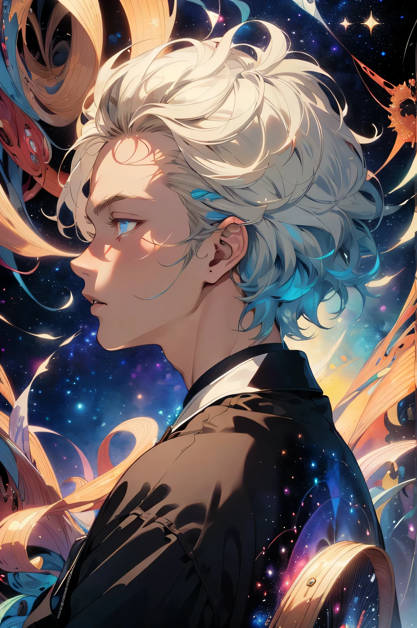 actual, (masterpiece, top quality, best quality, official art, Beauty and Aesthetics: 1.2), Very detailed, Fractal art, rich and colorful, most detailed, tangled, (abstract background: 1.5) (1 boy: 1.3), God, blonde hair, short hair,contour, (glowing blue eyes, starry sky, handsome man, (((Glorious Licorice)))